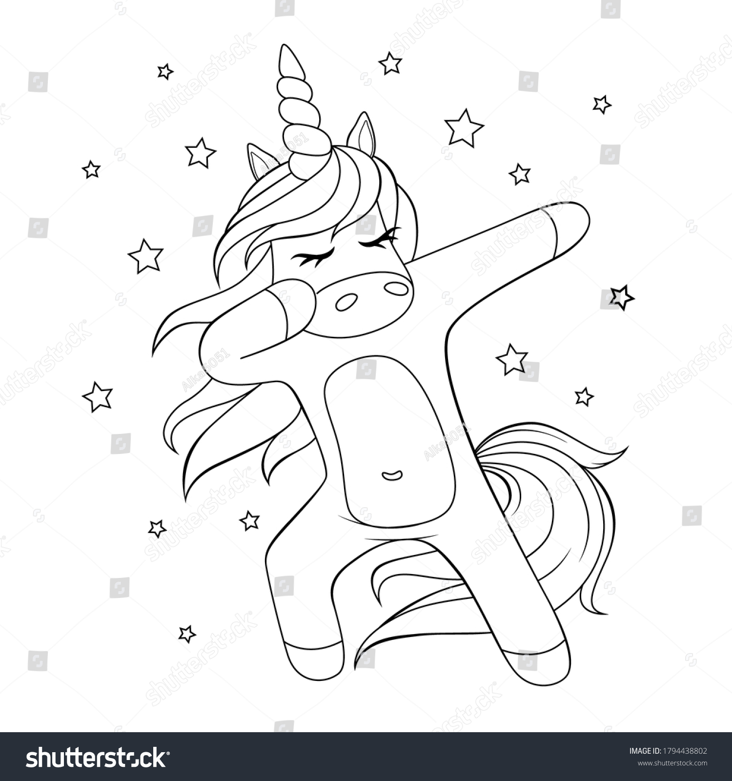 SVG of Cute dabbing unicorn. Black and white vector illustration for coloring book svg