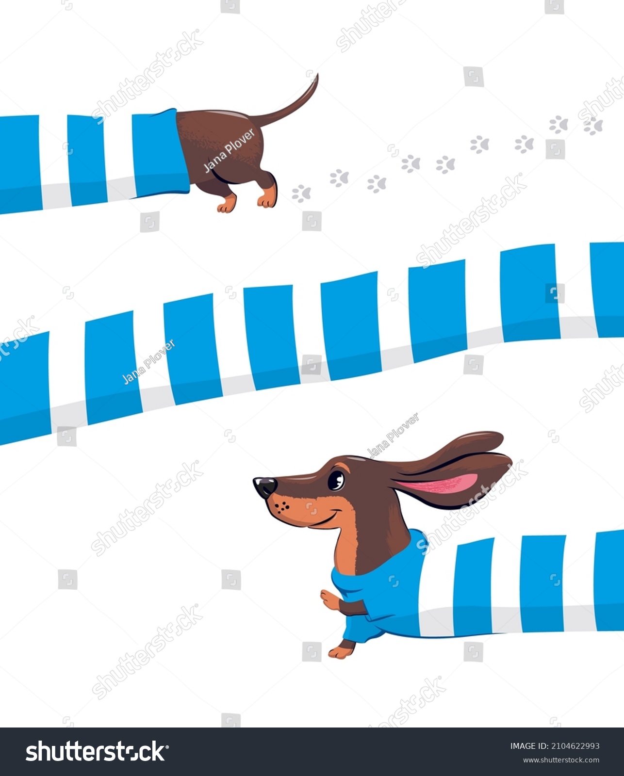 SVG of Cute dachshund dog in a blue striped sweater. Great print for T-shirts, posters, postcards. Vector drawing. svg