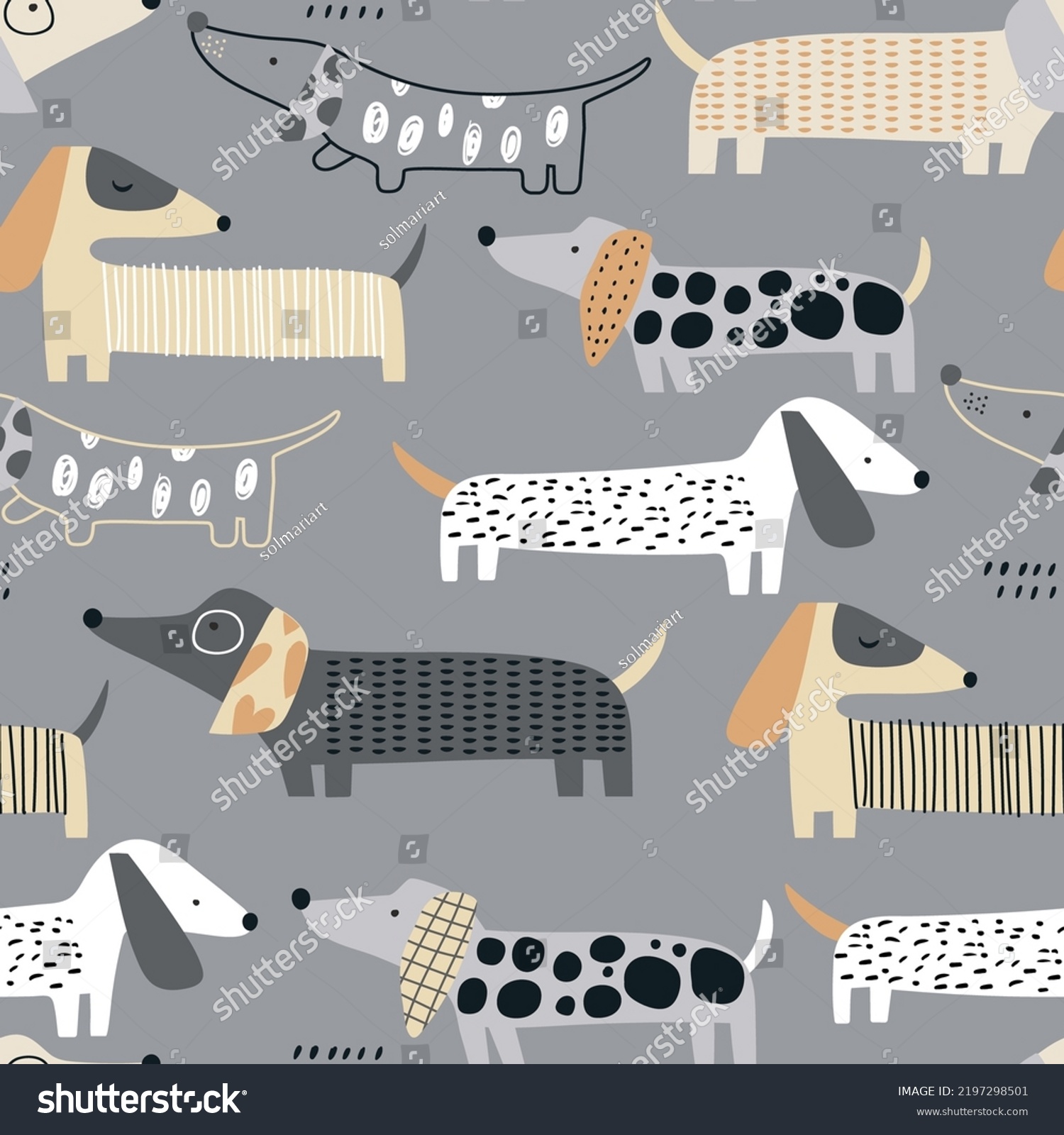 SVG of Cute dachshund pattern. Hand drawn seamless texture with dogs. Vector illustration svg