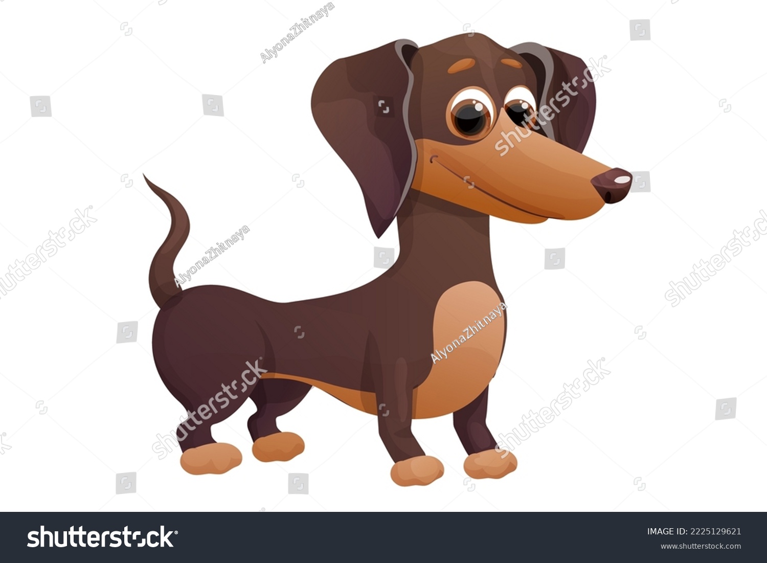 SVG of Cute dachshund puppy, standing and smiling in cartoon style, bright pet character isolated on white background. svg