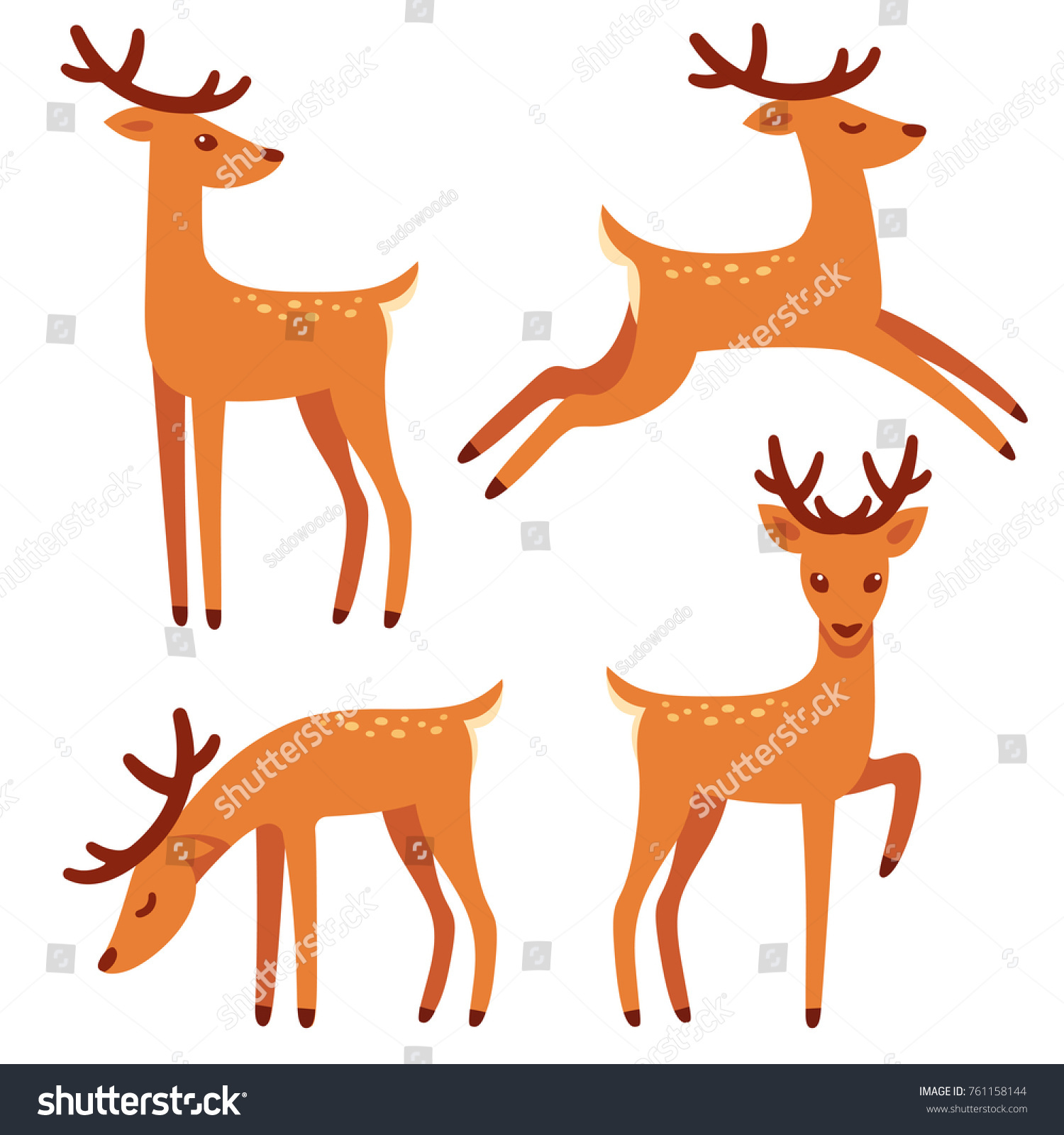 枝角を持つかわいい鹿 ベクターイラストセット 立って 飛び降り 草を食べる 漫画風の図面 のベクター画像素材 ロイヤリティフリー