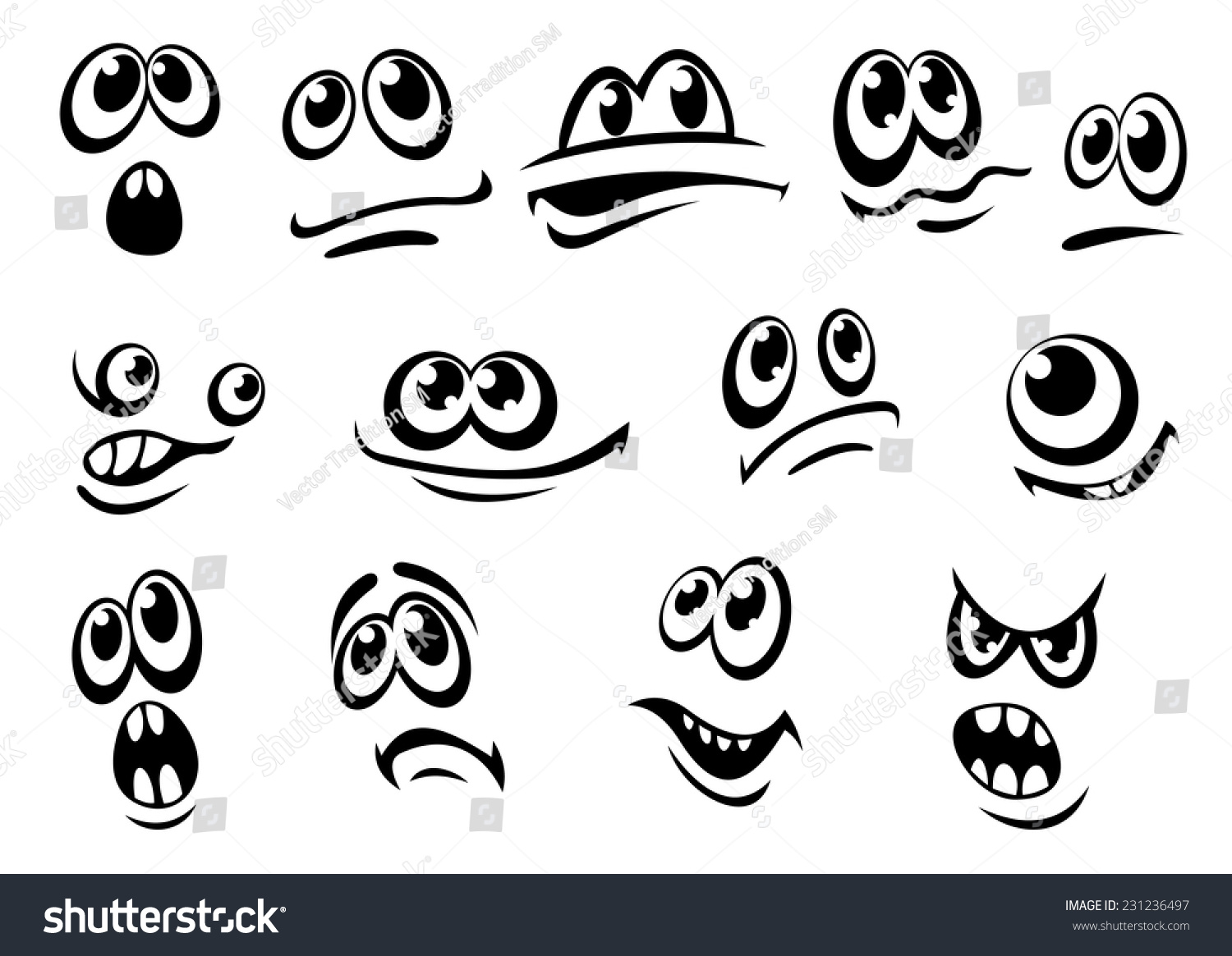Cute Different Black White Facial Expressions Stock Vector 231236497 ...
