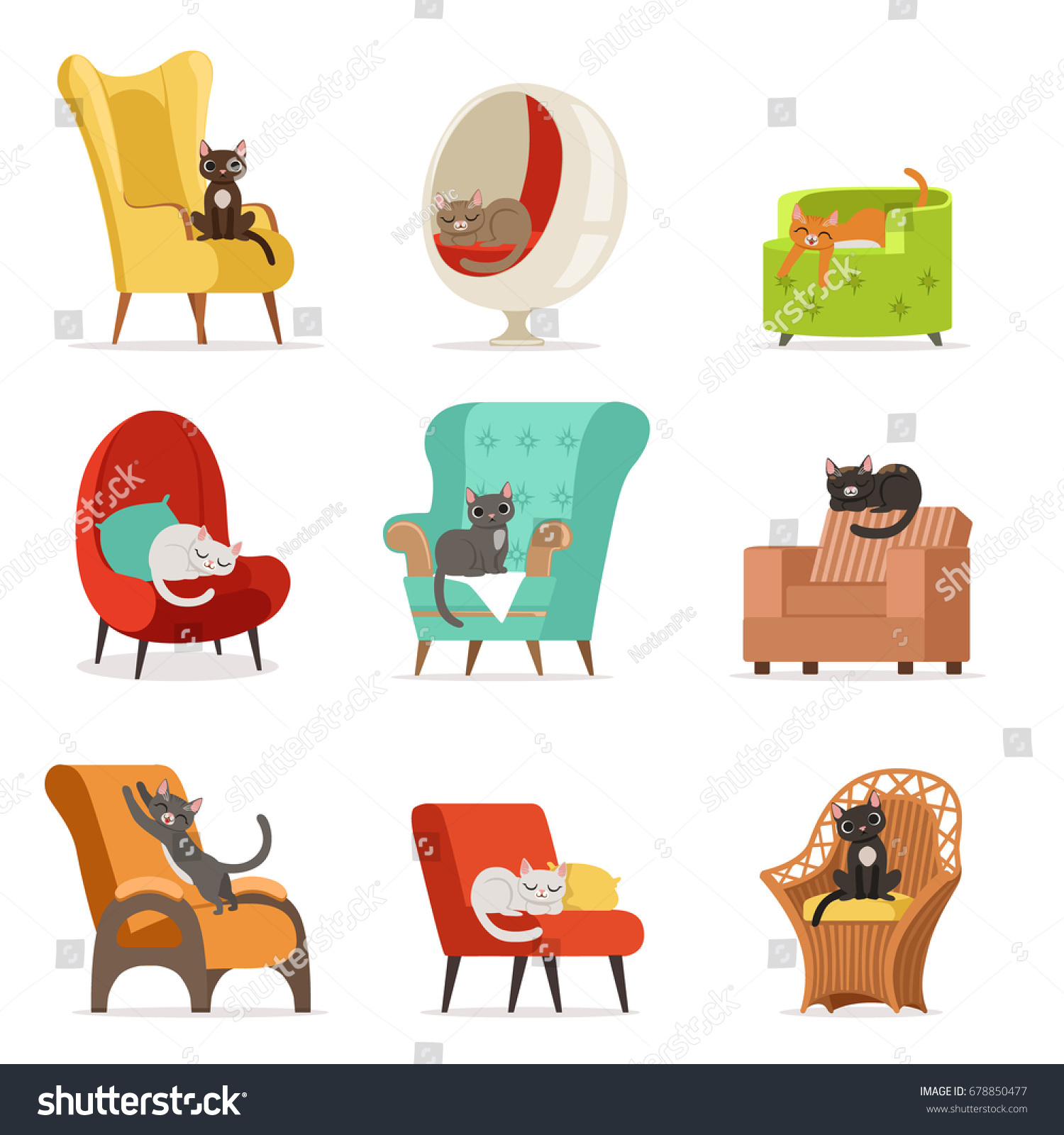 可愛い猫のキャラクターが肘掛け椅子に寝転んで休むベクターイラスト のベクター画像素材 ロイヤリティフリー