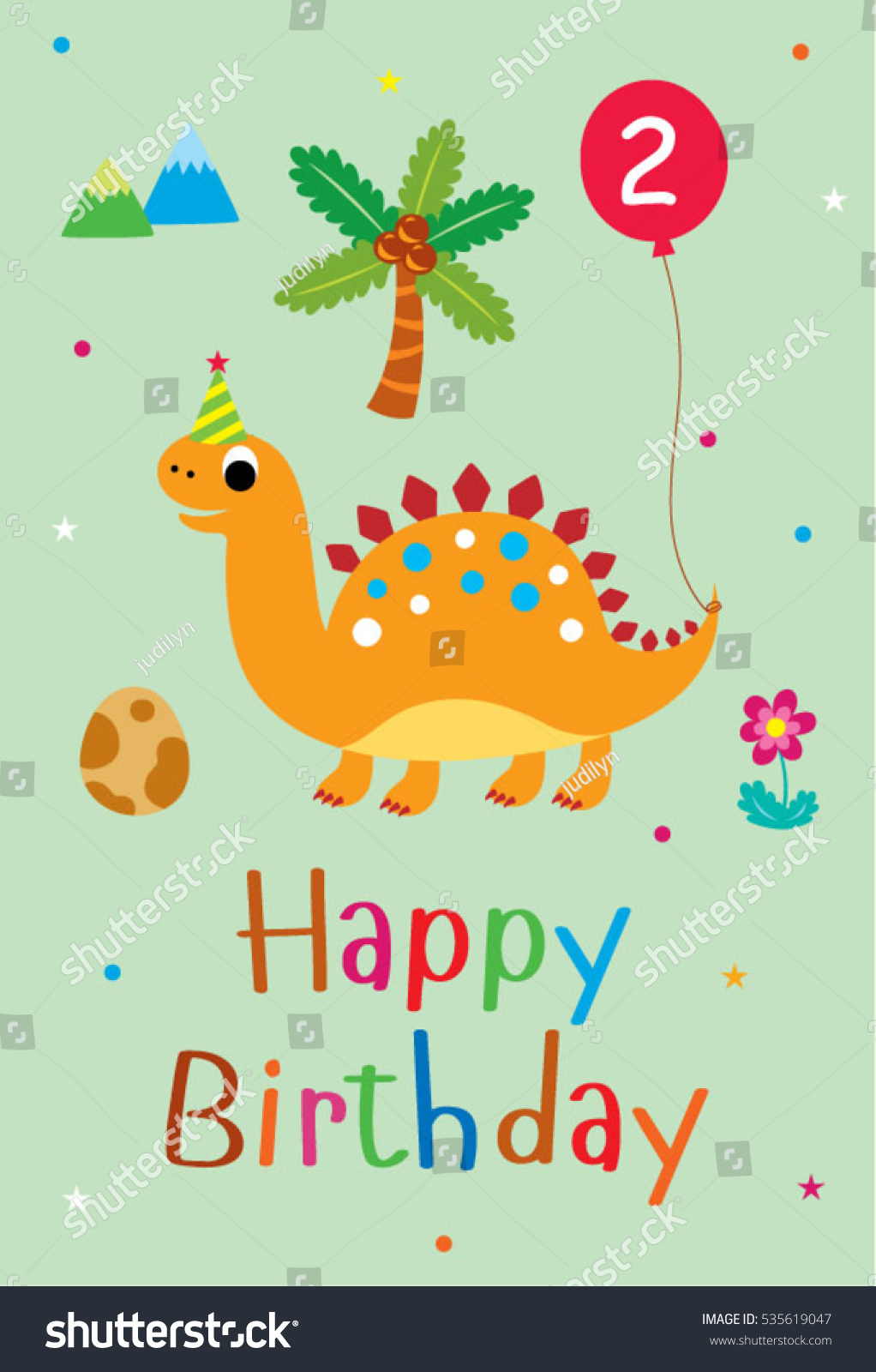 Cute Dinosaur Happy 2nd Birthday Greeting Stock Vector Royalty Free