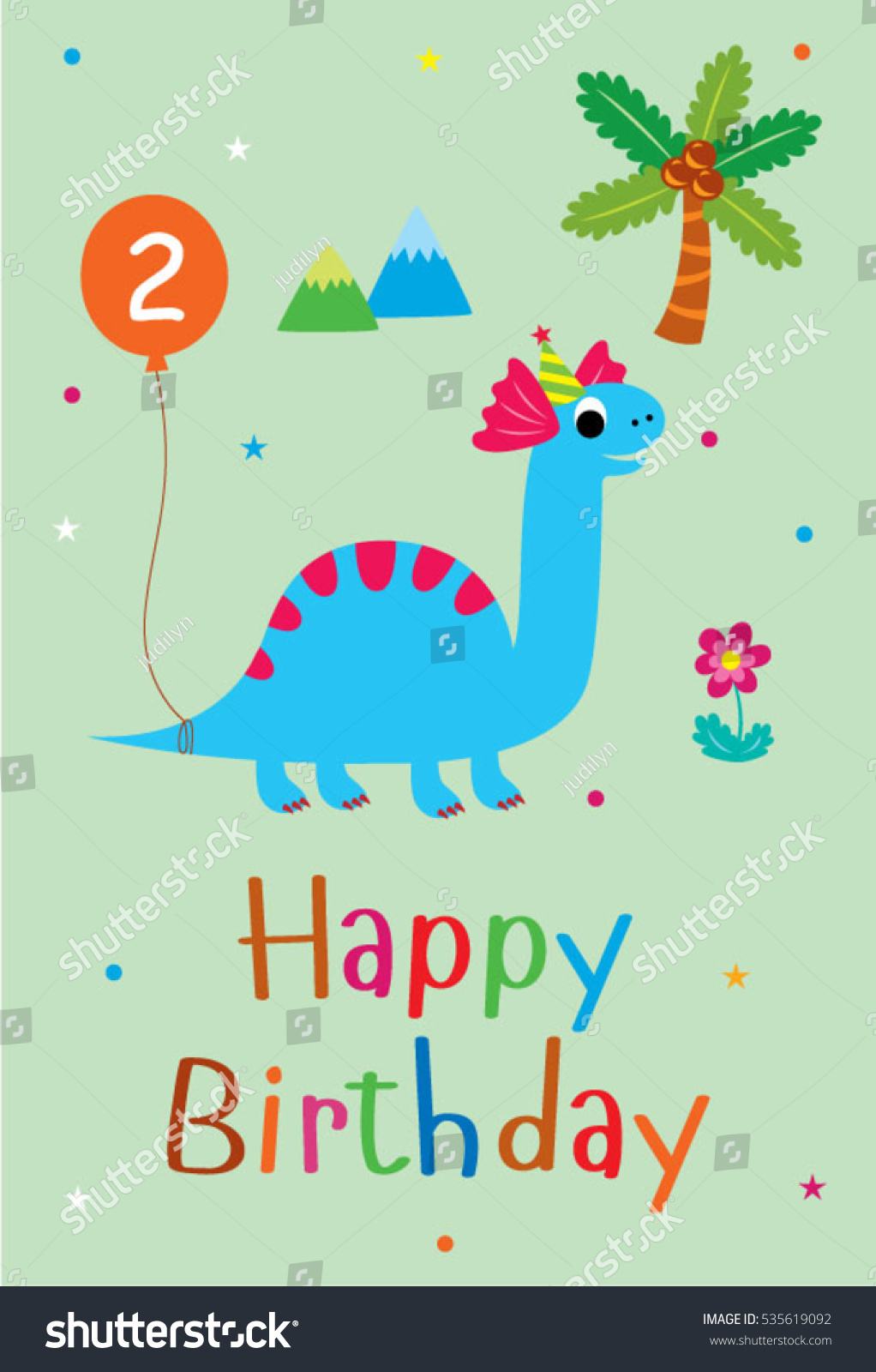 Cute Dinosaur Happy 2nd Birthday Greeting Stock Vector Royalty Free