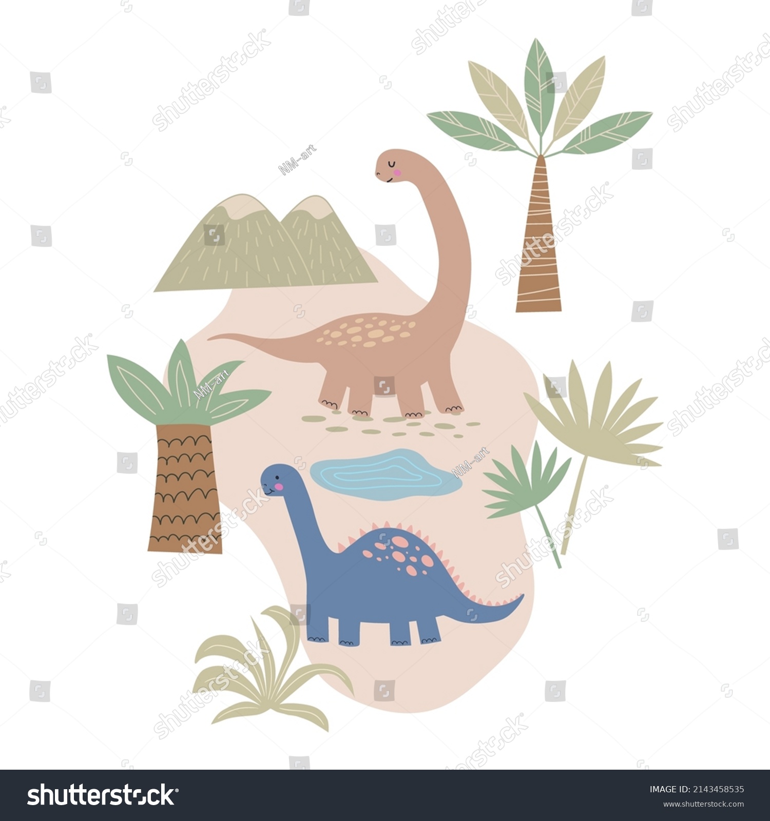 Cute Dinosaurs Tropical Plants Vector Illustrations Stock Vector ...