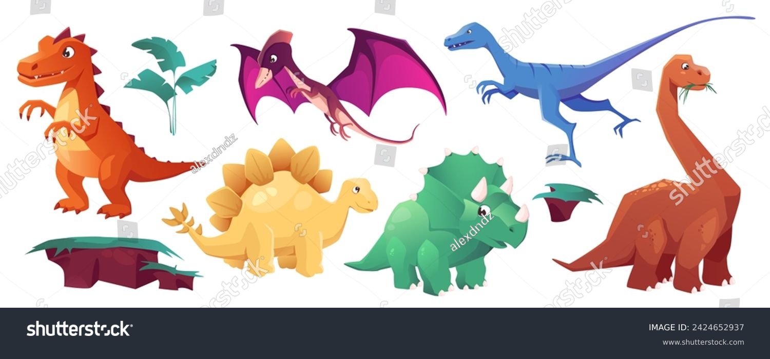 SVG of Cute dinosaurs mega set in cartoon graphic design. Bundle elements of different types prehistoric dinos, plants, ground shapes. Funny ancient predator characters. Vector illustration isolated objects svg
