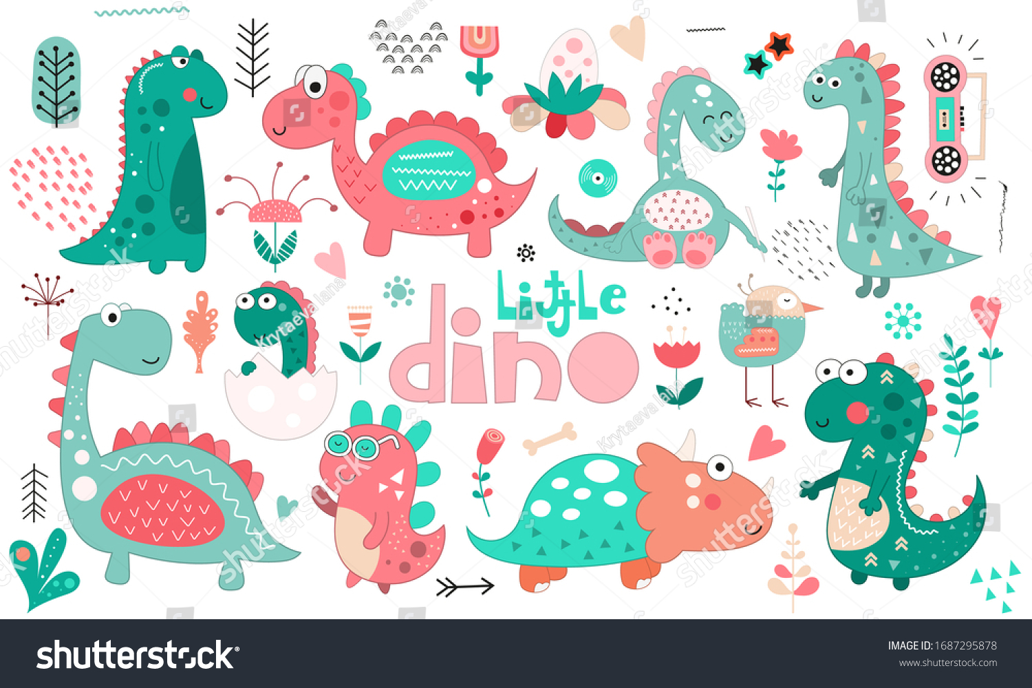 Cute Dinosaurs Set Hand Drawn Doodle Stock Vector (Royalty Free) 1687295878