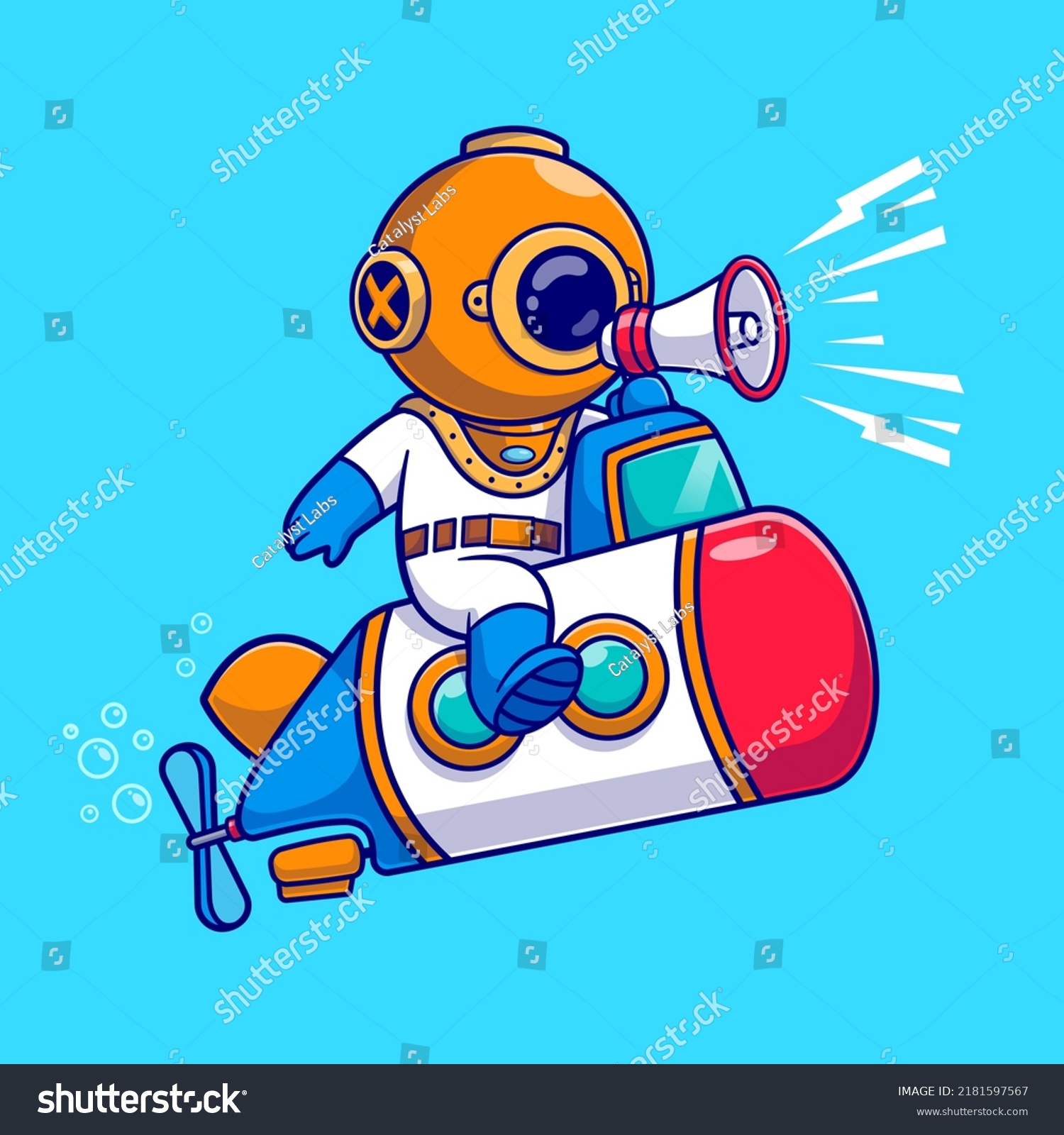 Cute Diver Riding Submarine Ocean Speaking Stock Vector (Royalty Free ...