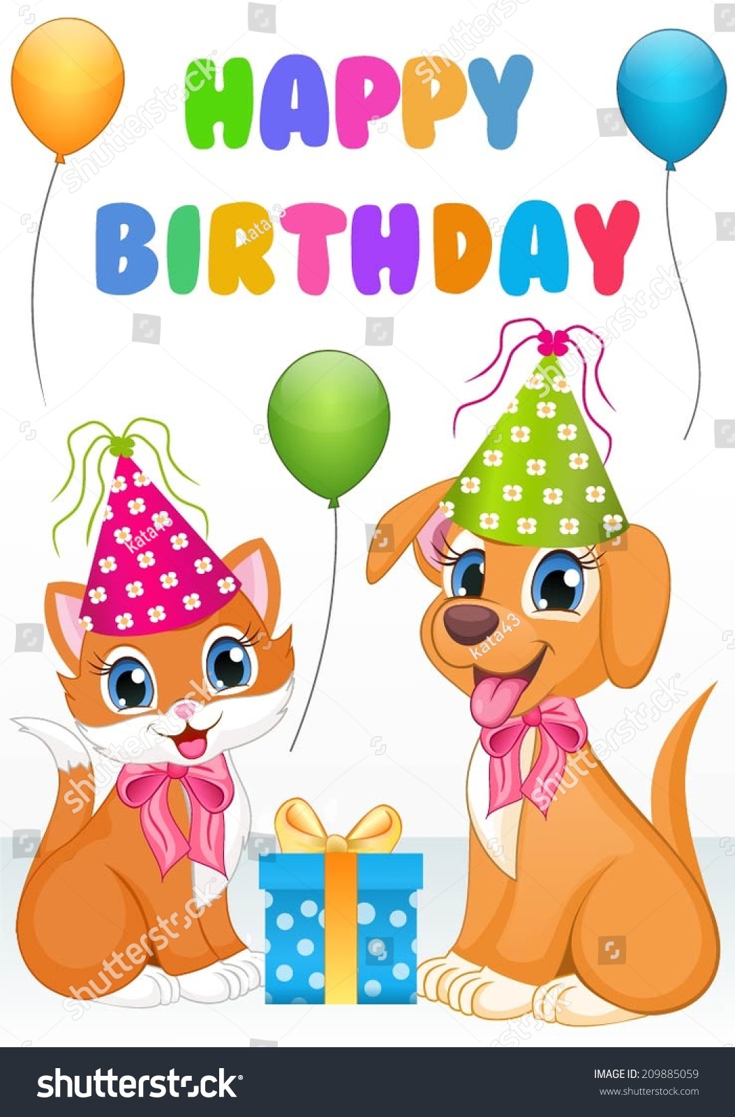 Cute Dog And Cat Birthday Card Stock Vector 209885059 : Shutterstock