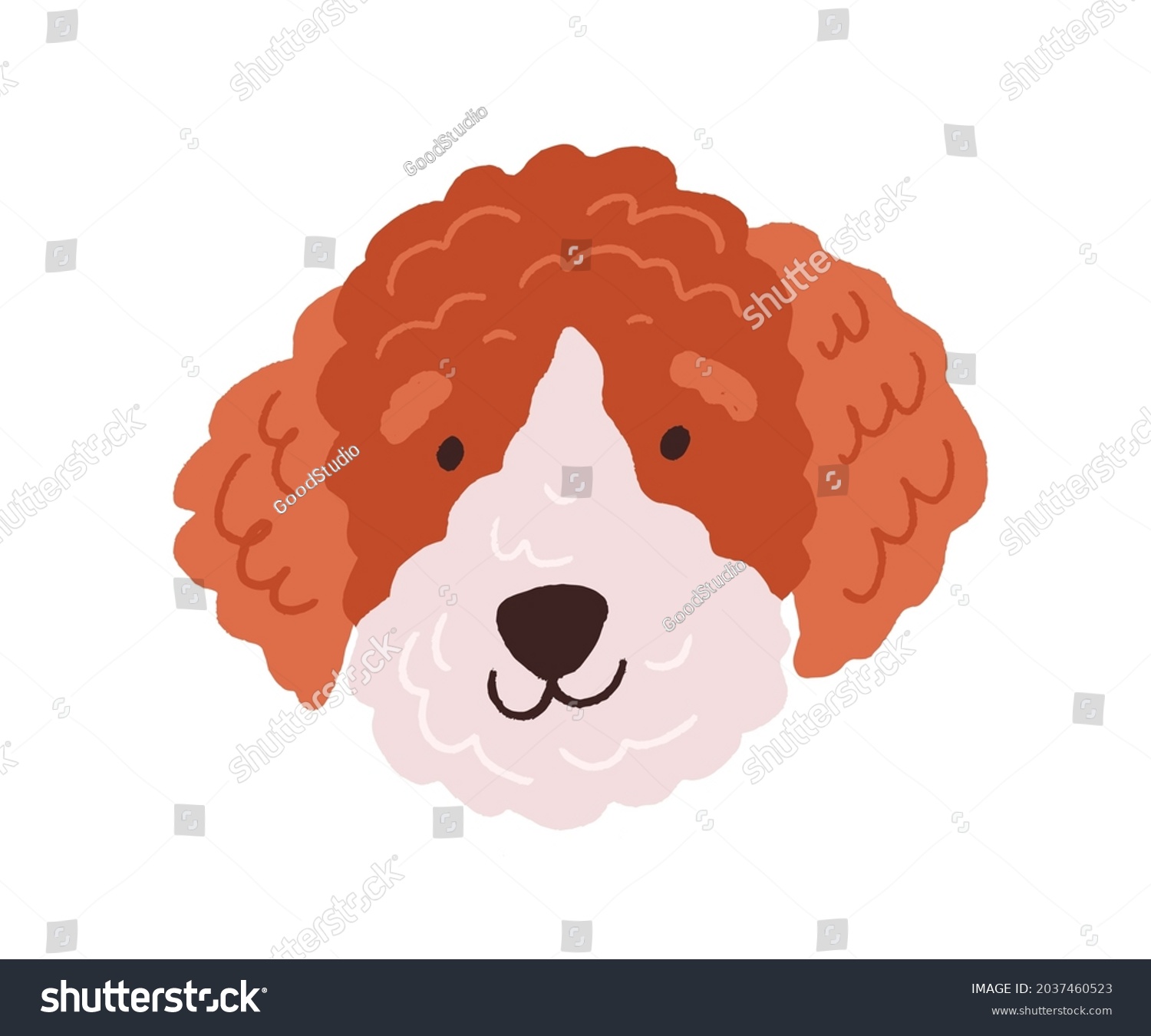 SVG of Cute dog's face. Funny head of puppy with curly fluffy hair. Canine animal's muzzle. Adorable doggy portrait. Amusing labradoodle in doodle style. Flat vector illustration isolated on white background svg