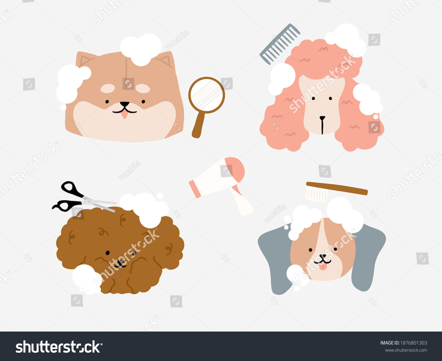 SVG of Cute dog with bubble at Groomer Salon Dog friendly area. Pet Hair Salon, Styling and Grooming Shop. Pet Store for Dogs with elements Cut Wool, Comb Brush, Drying, Hand mirror and comb illustration. svg