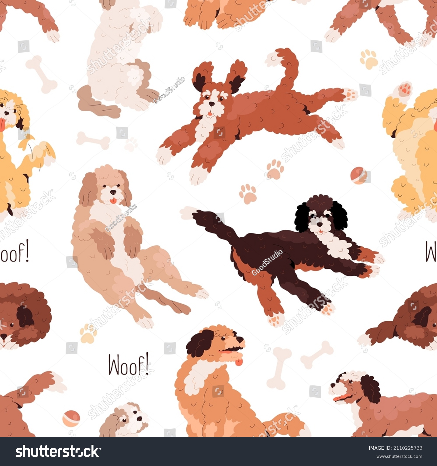 SVG of Cute dogs pattern. Seamless background with canine animals print. Repeating texture with labradoodle and goldendoodle puppies. Endless backdrop for decor and wrapping. Colored flat vector illustration svg