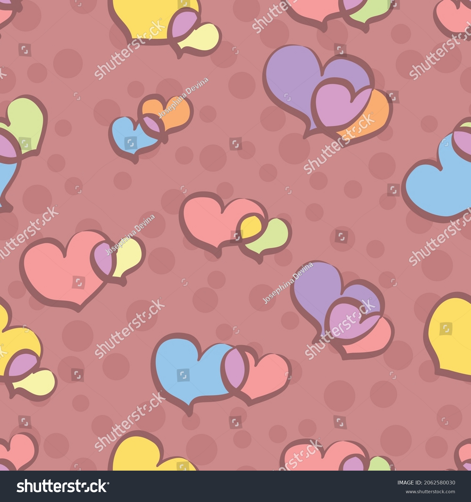 SVG of Cute double heart vector repeat pattern in pastel multicolor on a dusky pink background with polka dots svg
