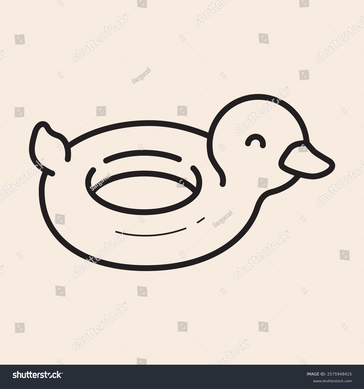 recommend clip art: Cute Duck Floater icon with happy smile, cheerful eyes, large beak and long tail, all ready to swim. Rubber float with duck character outline iconic vector line art