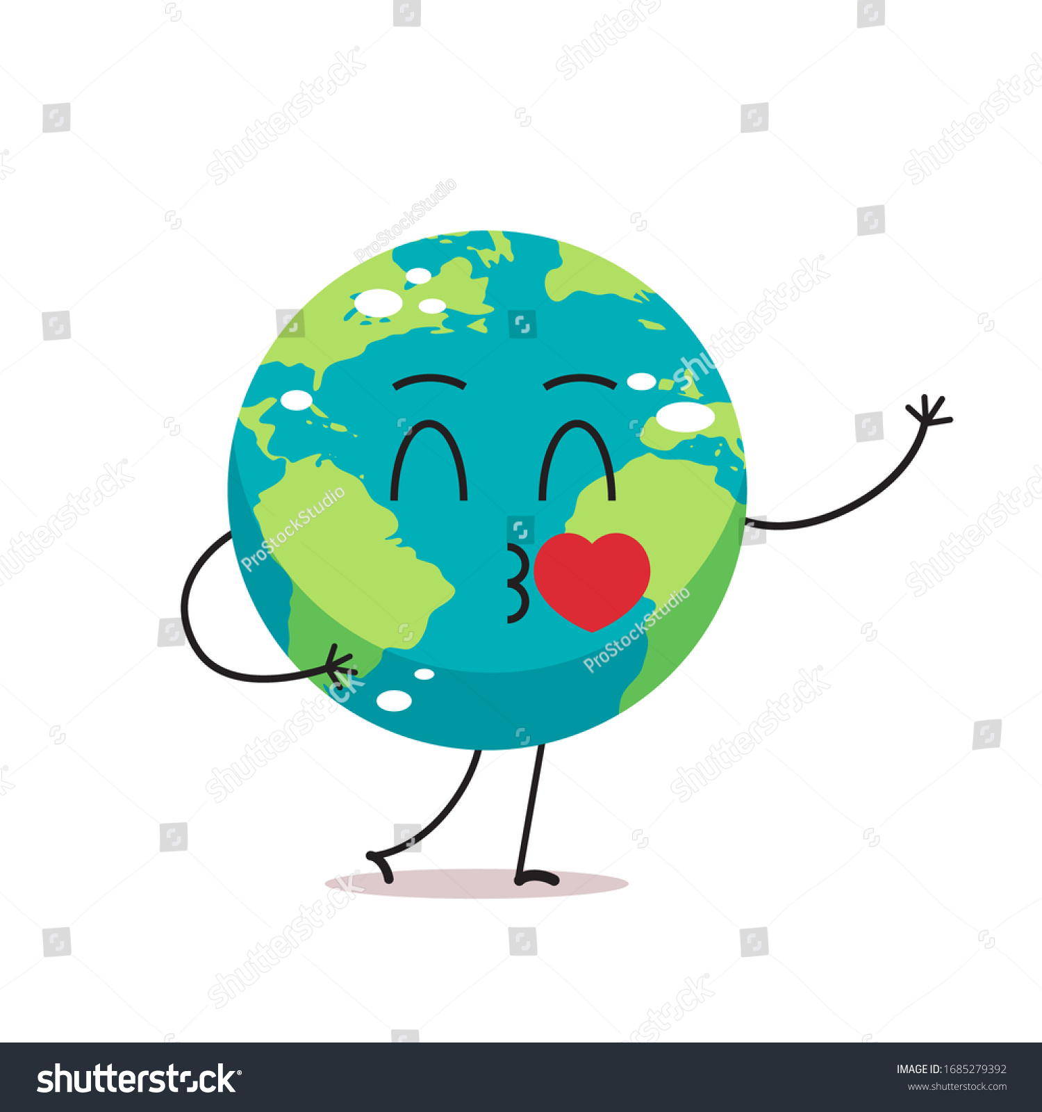 SVG of cute earth character blows kiss cartoon mascot globe personage with heart showing facial emotion save planet concept isolated vector illustration svg