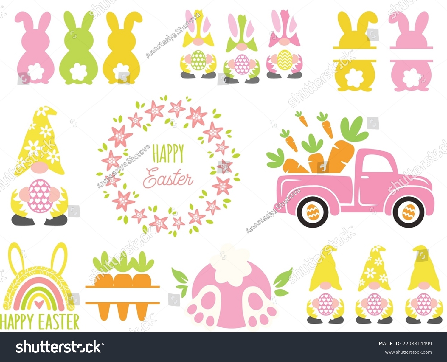 SVG of Cute Easter Svg Bundle. Easter gnomes vector illustration isolated on white background. Easter clipart - carrot truck, bunny split, floral sign, rainbow, bunny tail. Spring kids shirt design svg