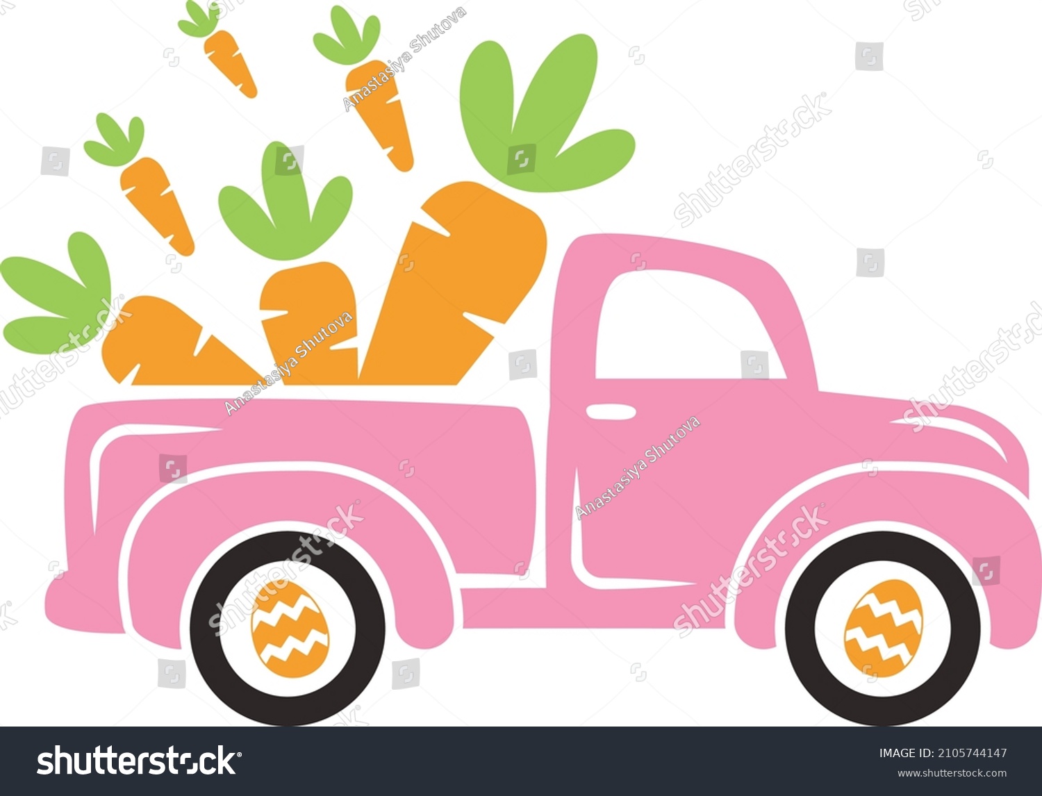 SVG of Cute Easter truck Svg. Old vintage truck carrying carrots vector illustration isolated on white background. Easter clipart perfect for kids t-shirts, apparel, cards and so on svg
