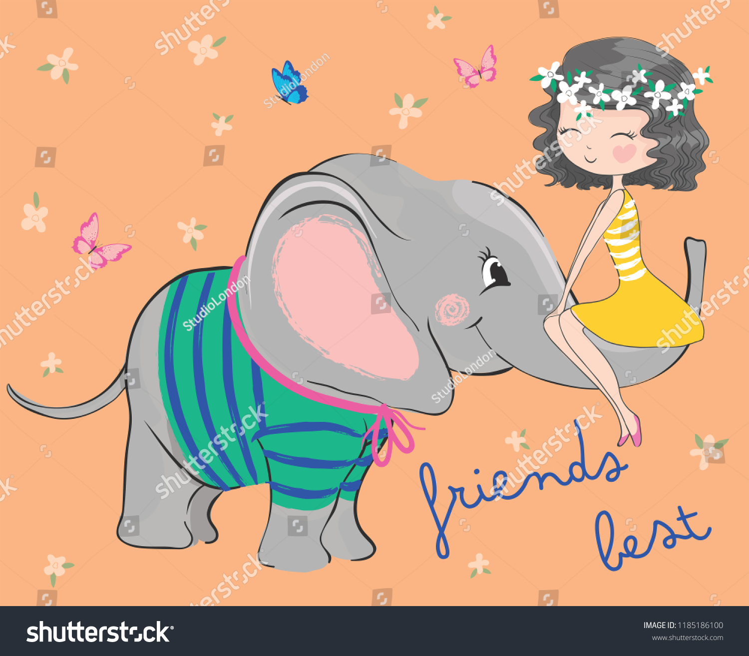 Cute Elephant Girl Cartoon Hand Drawn Stock Vector (Royalty Free ...