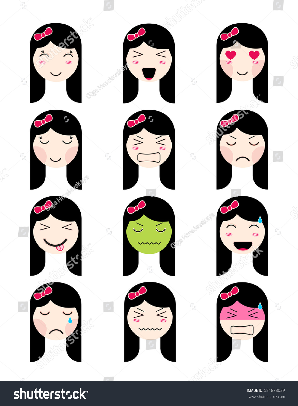 Cute Emoji Collection Kawaii Asian Girl Stock Vector (Royalty Free ...