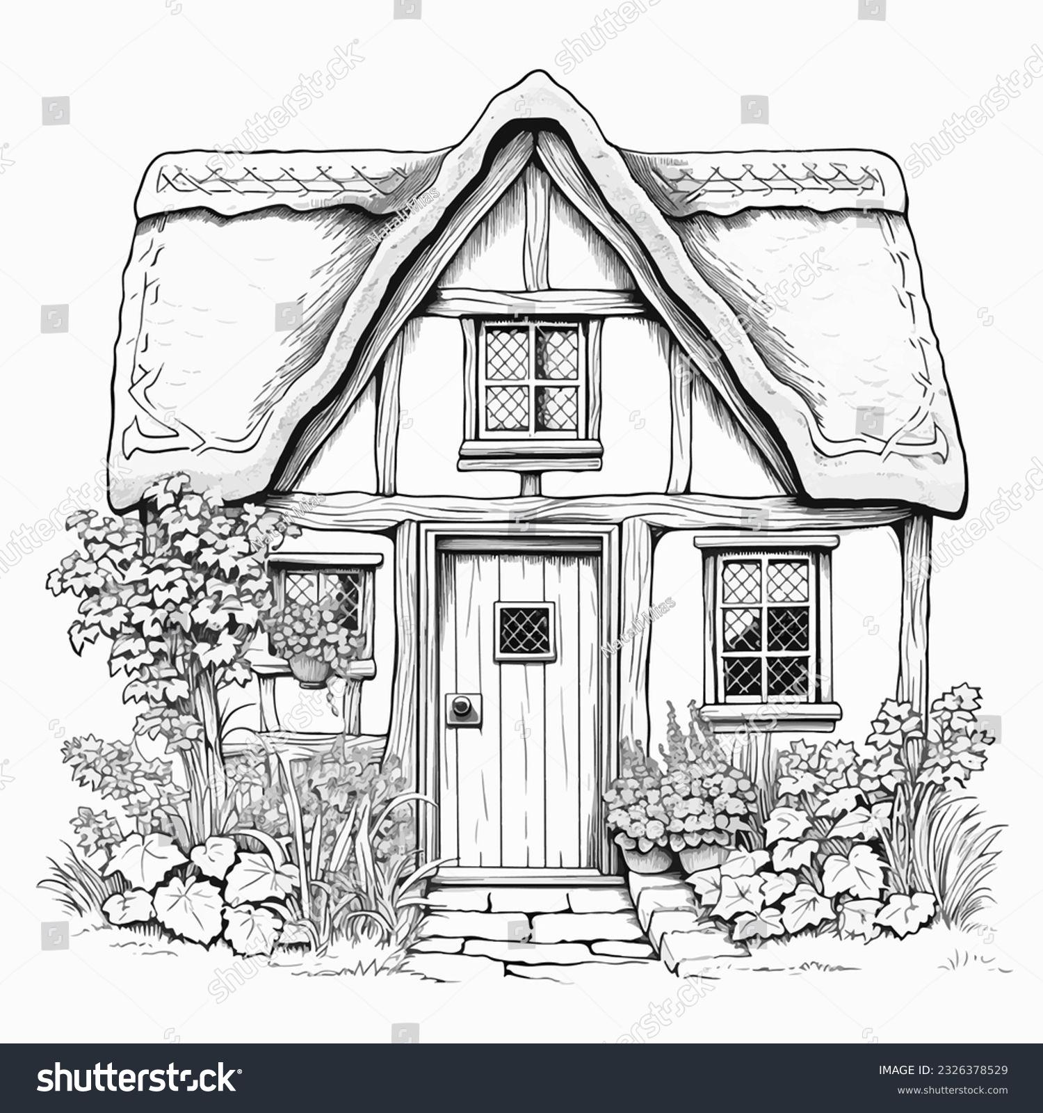 SVG of Cute English house black and white vector illustration for adult coloring. Retro style architecture cottage core style. Cozy home with chimney and roof scale. Line art medieval cottage. Detailed house svg