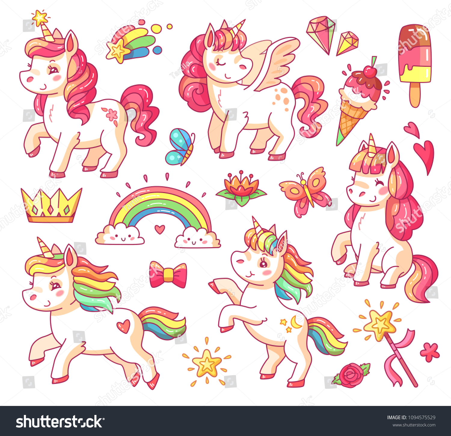 かわいいおとぎ話のピンクの空飛ぶ虹のペガサス シールのベビーユニコーンで 金星と甘いアイスクリームがついています 魔法のおとぎ話の小さなポニー空想ユニコーンの漫画のベクターイラストセット のベクター画像素材 ロイヤリティフリー