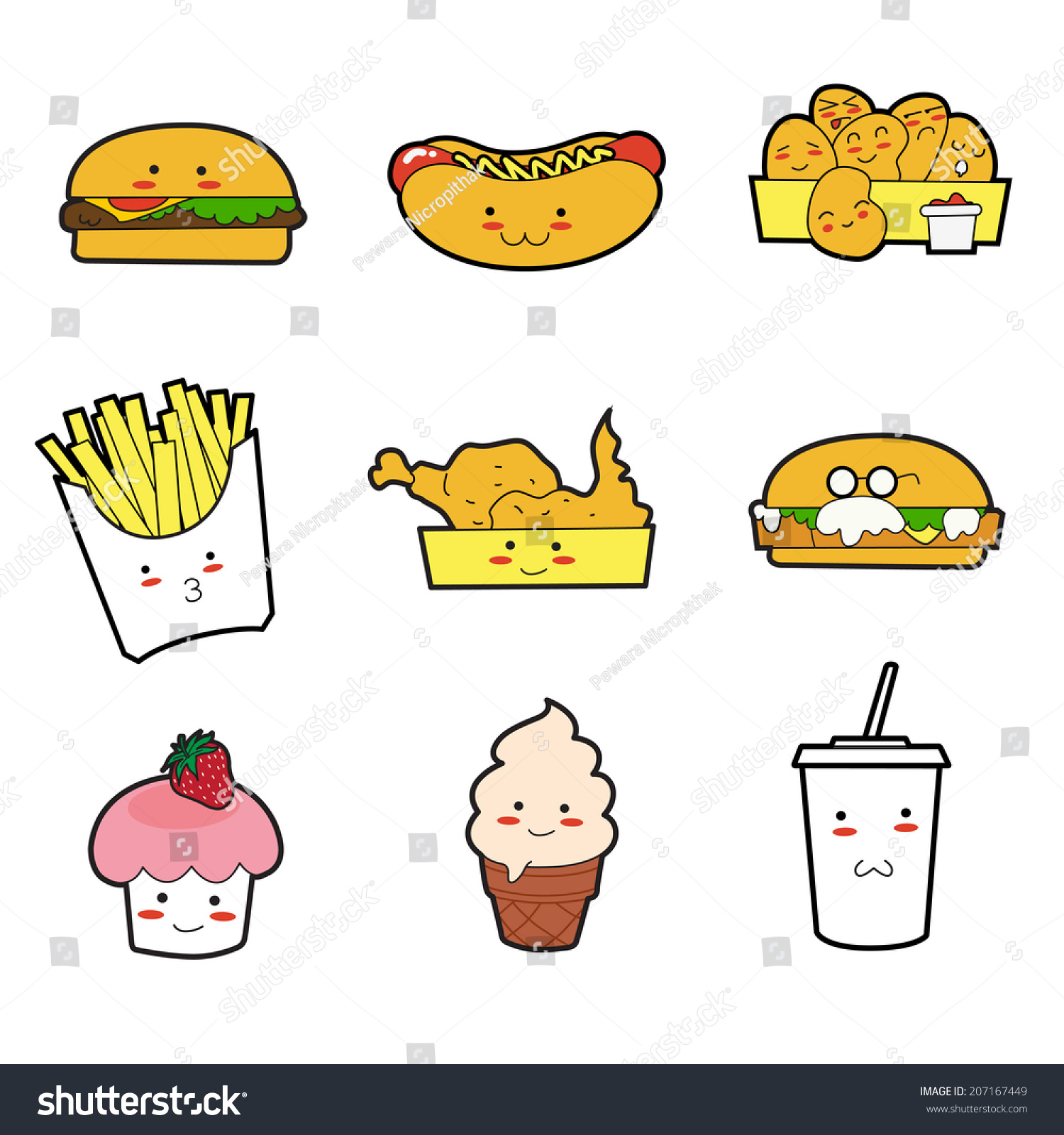 Cute Fast Food Character Set Stock Vector 207167449 - Shutterstock