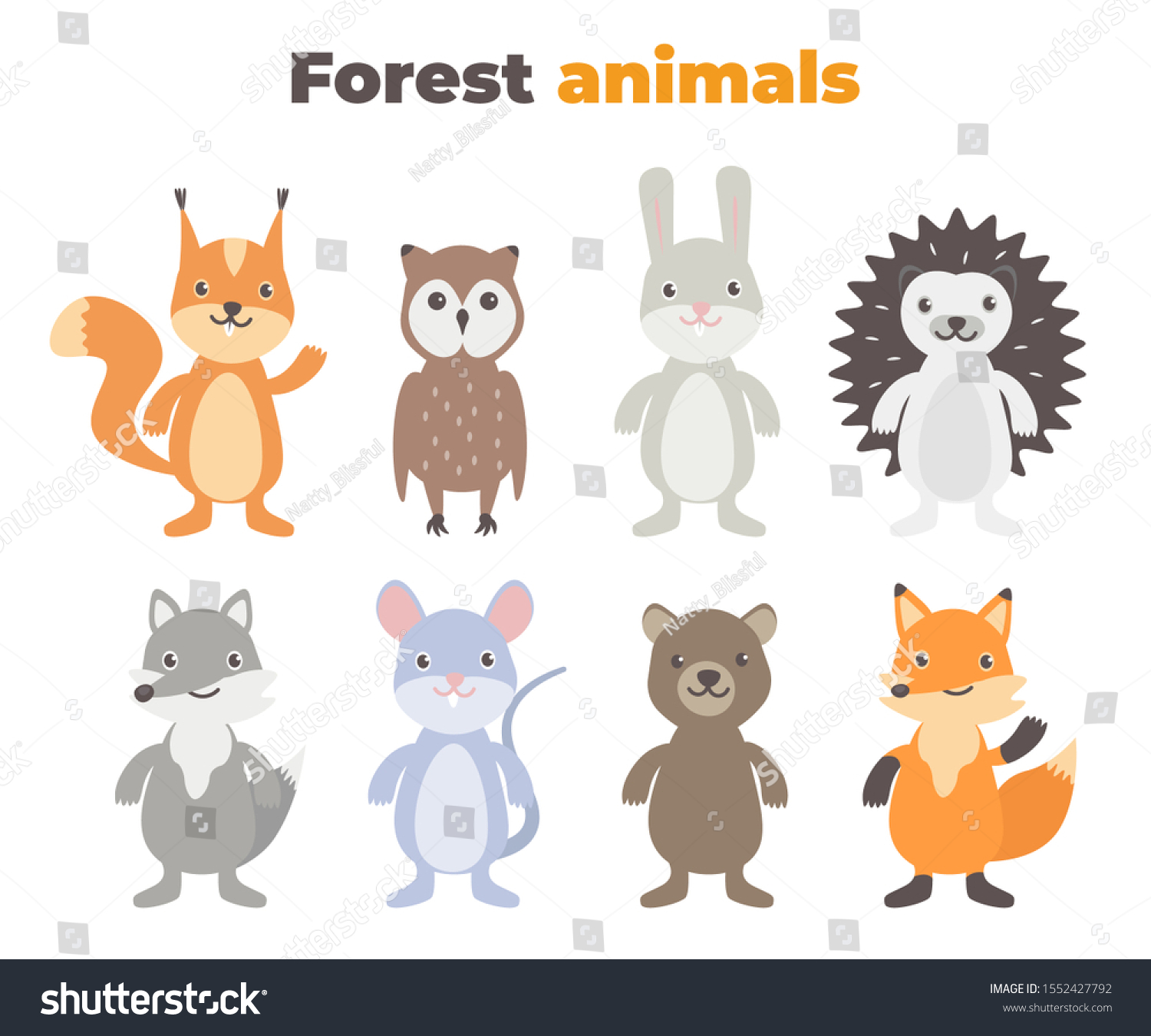 SVG of Cute forest animals set in flat style isolated on white background. Cartoon wild mouse, hedgehog, fox, hare, squirrel, owl, wolf, bear. svg