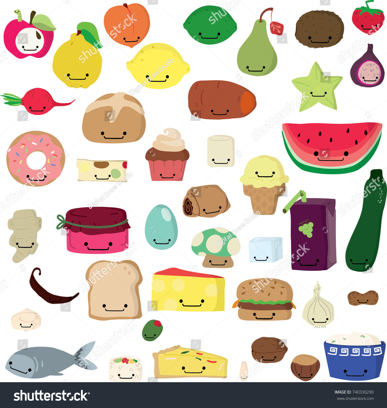 Image Vectorielle De Stock De Cute Freehand Fruit Vegetable Kawaii Colored 740330290