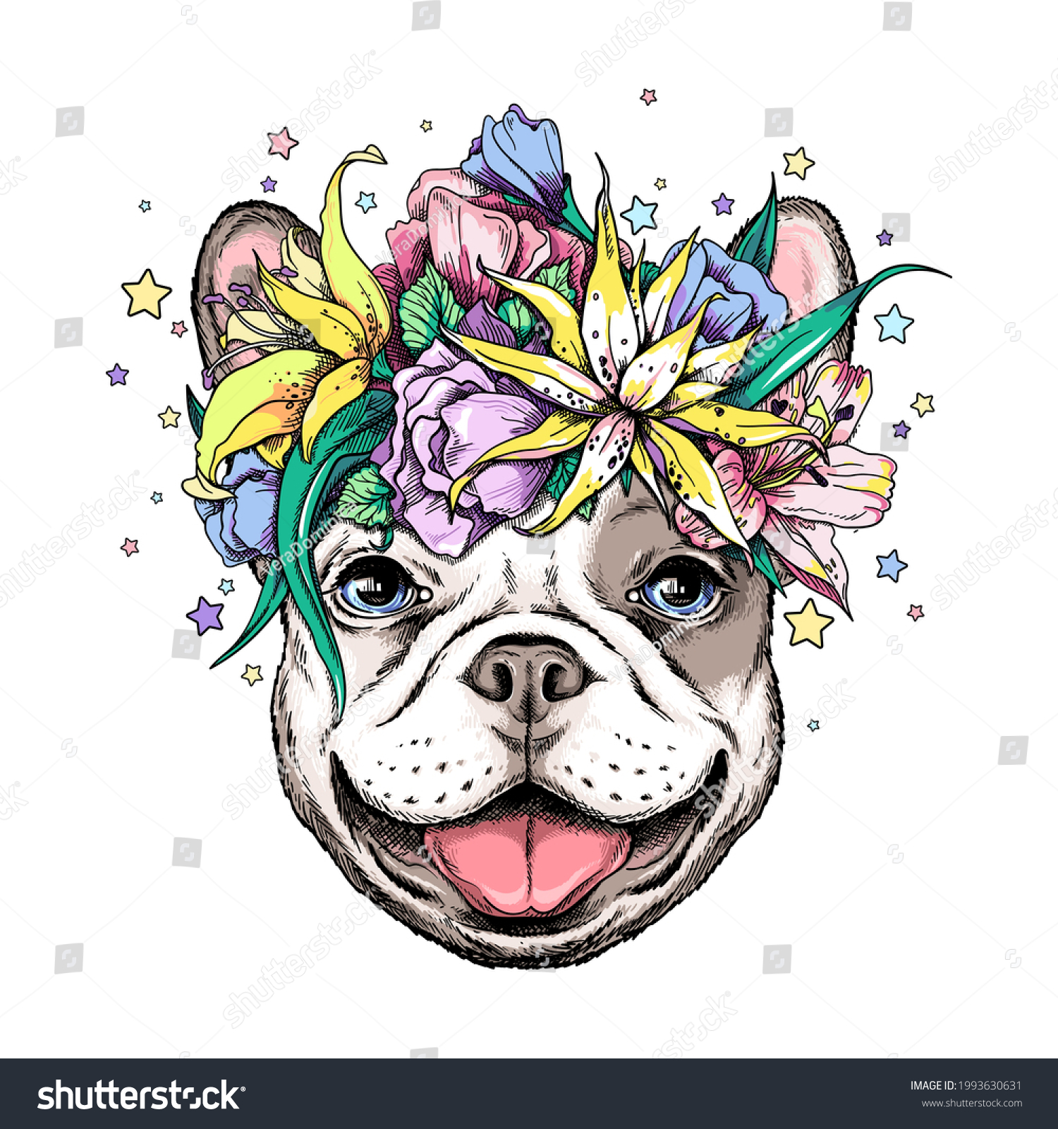 Cute French Bulldog Floral Wreath Vector Stock Vector (Royalty Free ...