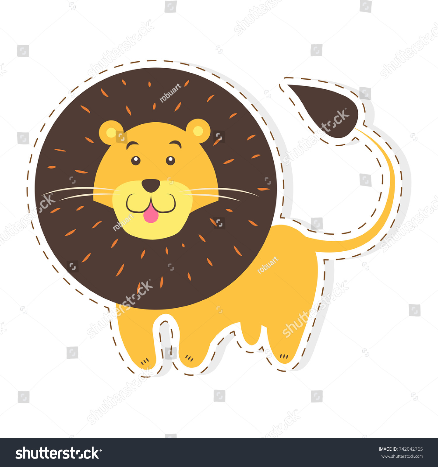 SVG of Cute funny african cat or lion vector flat cartoon sticker or icon outlined with dotted line isolated on white. Wild animal illustration for game counters, price tags svg
