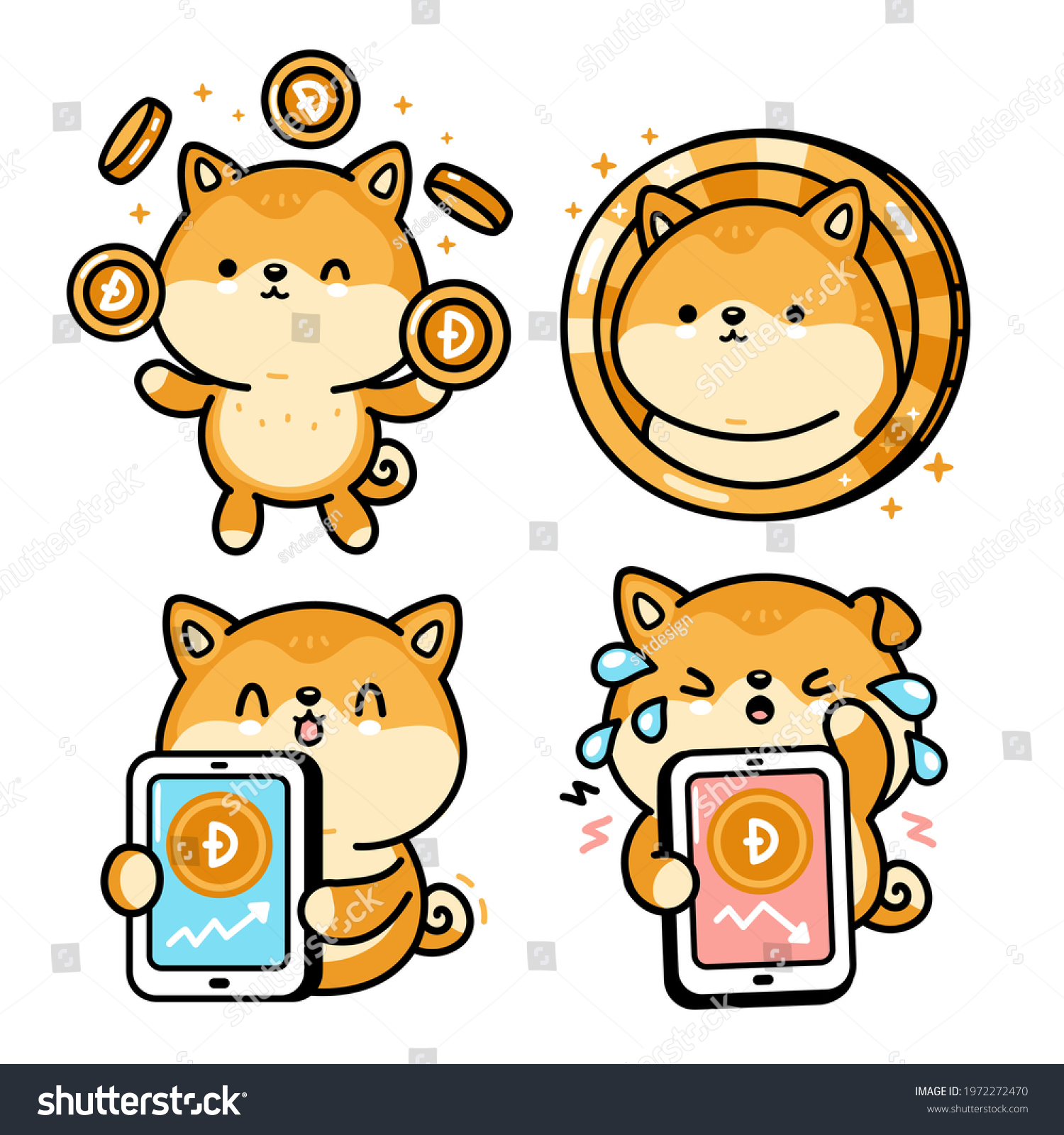 SVG of Cute funny akita inu dog with Dogecoin character. Vector hand drawn cartoon kawaii character illustration. Crypto currency, dogecoin up and falling in charts  character svg