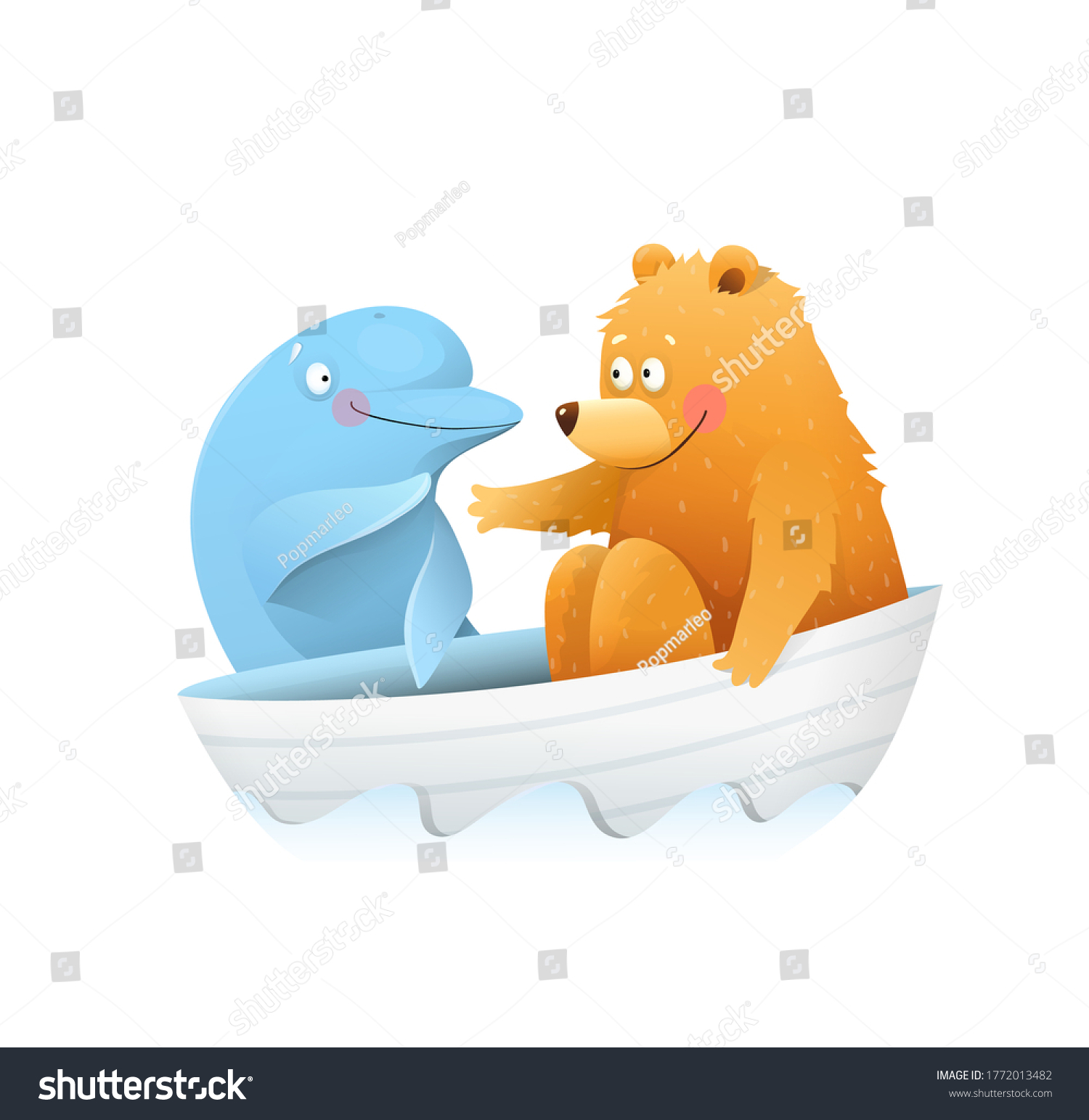 Cute Funny Bear Meeting Dolphin While Stock Vector Royalty Free 1772013482