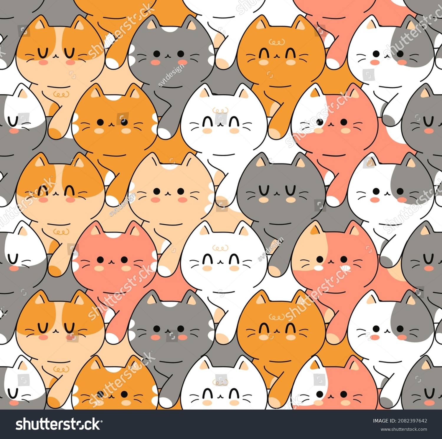 Cute Funny Cats Seamless Patternwallpaperbackgroundvector Hand Stock Vector Royalty Free