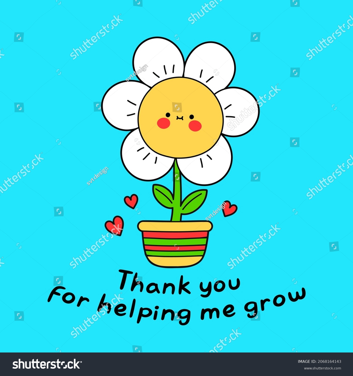 SVG of Cute funny chamomile flower on pot card. Thank you for helping me grow quote. Vector doodle cartoon kawaii character illustration logo. Flower in pot cartoon kawaii Valentines Day card concept
 svg