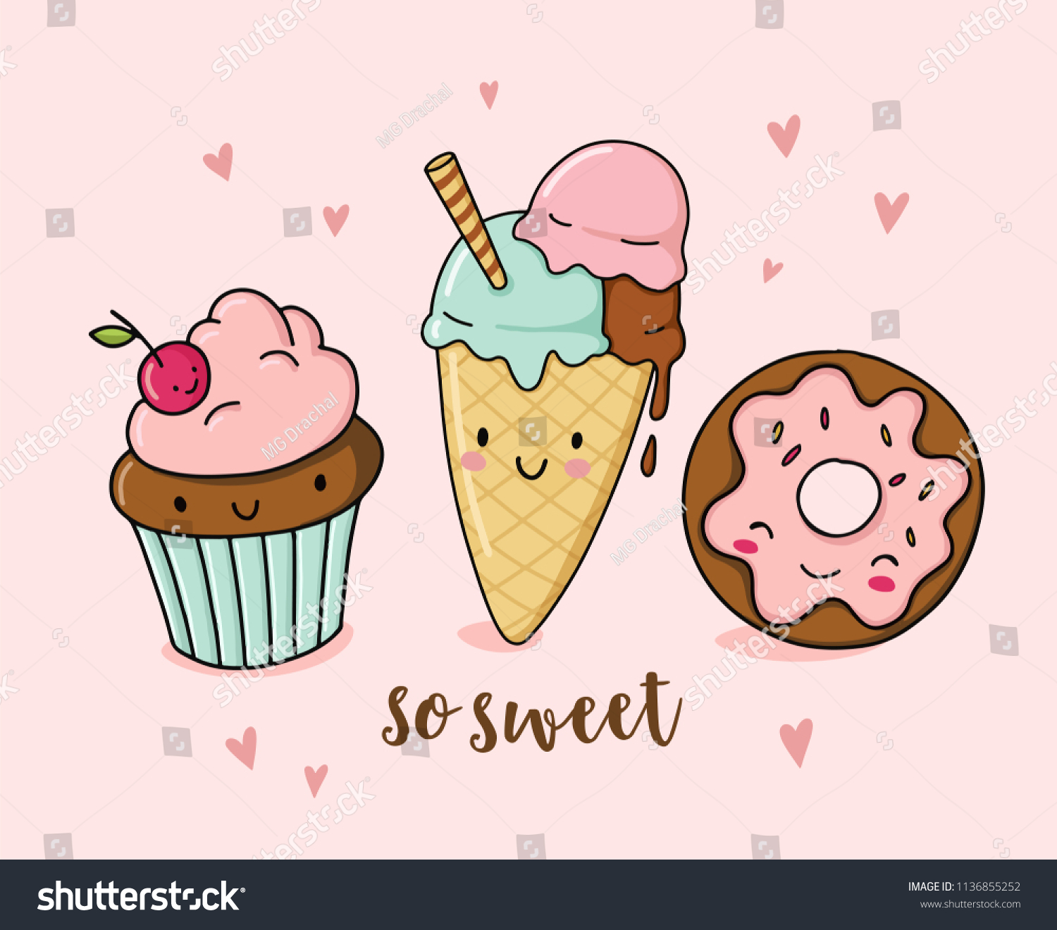 アイスクリーム カップケーキ ドーナツを使ったかわいいおかしな食べ物イラスト 漫画のデザートキャラクター のベクター画像素材 ロイヤリティフリー