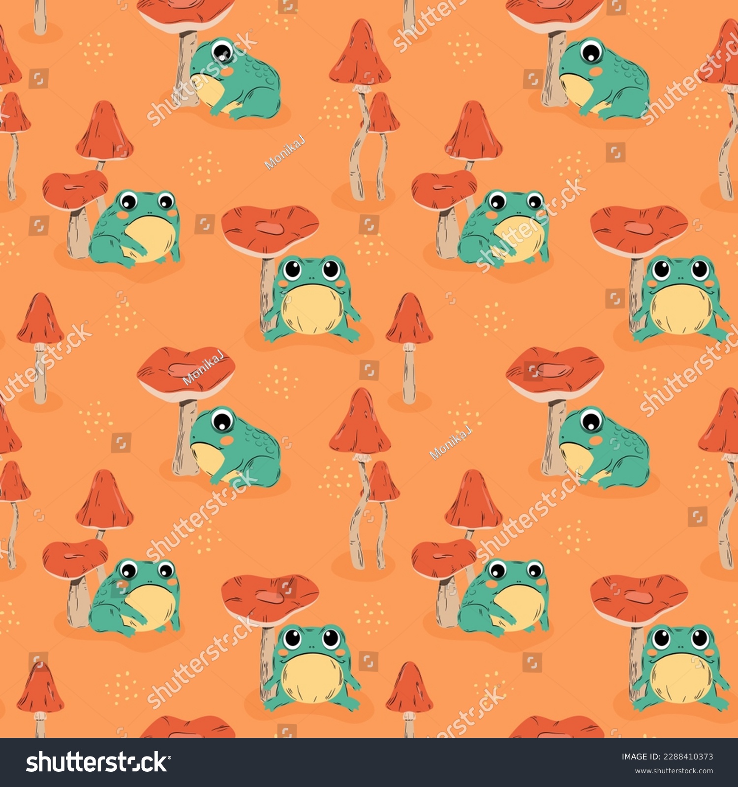 SVG of Cute funny green frog and mushrooms seamless pattern. Vector hand drawn cartoon kawaii character background. Funny cartoon toad and toadstool. svg