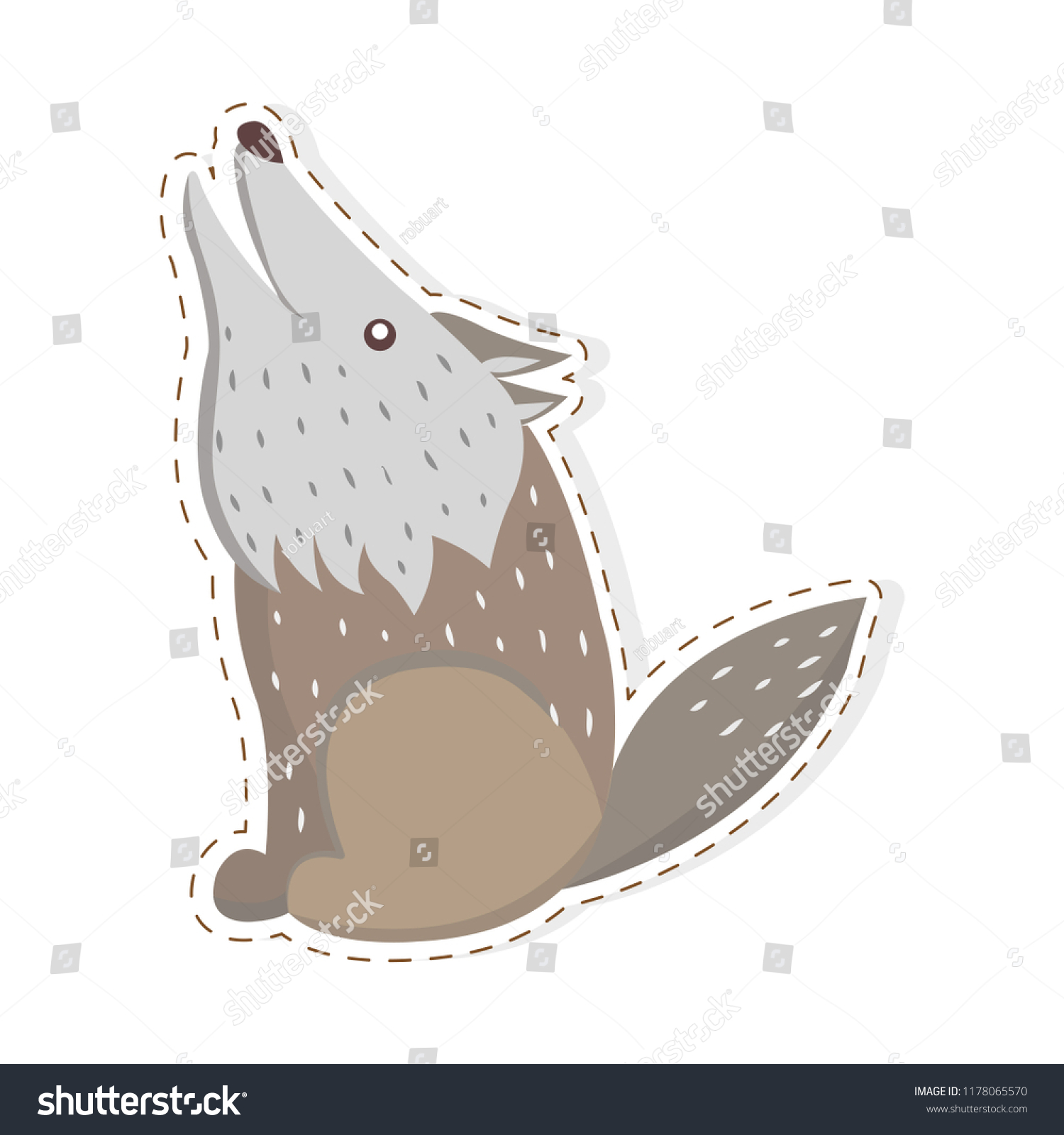 SVG of Cute funny grey howling wolf vector flat cartoon sticker or icon outlined with dotted line isolated on white. Wild predatory animal illustration for game counters, price tags svg