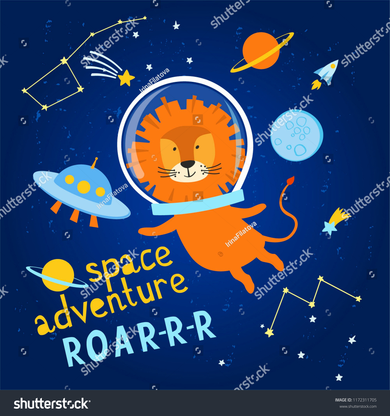 Cute Funny Lion Space Planets Moon Stock Vector Royalty Free