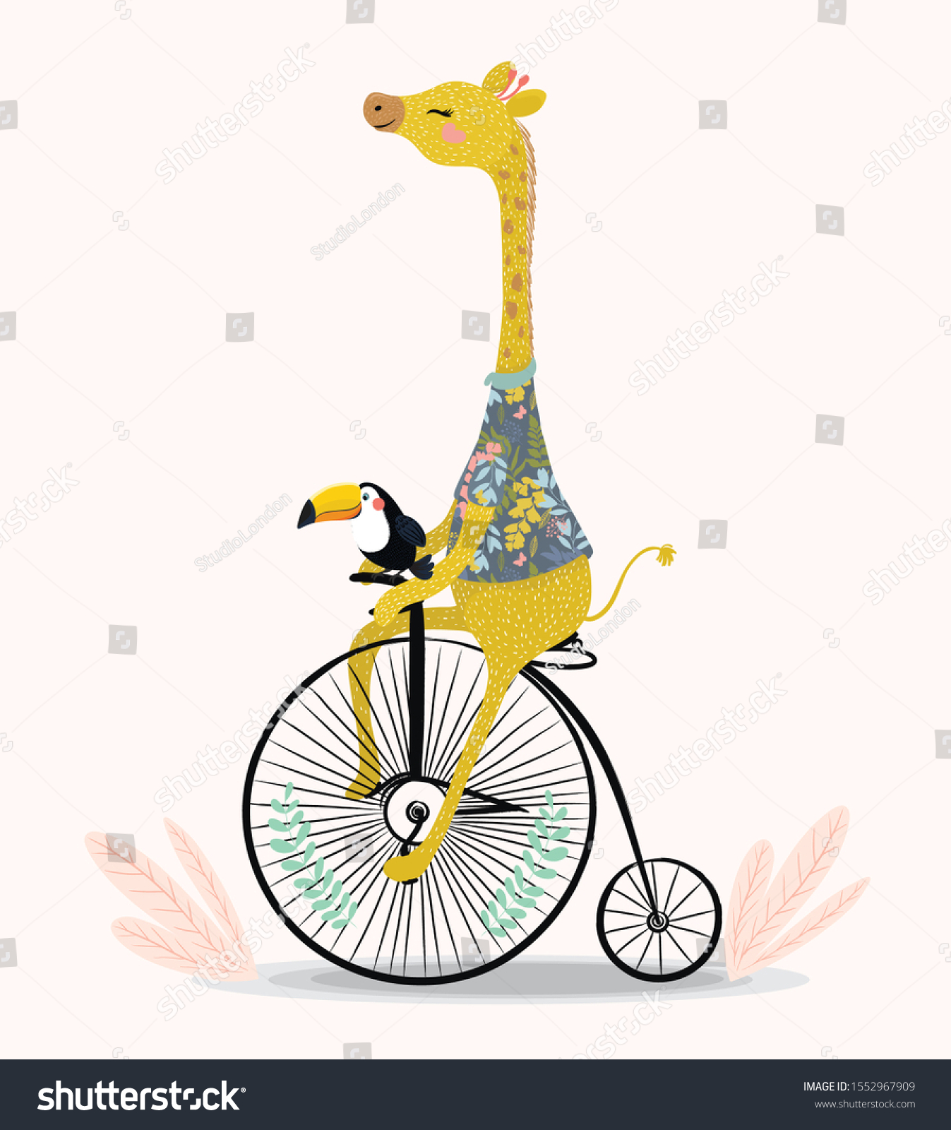かわいいキリンとタウカンは自転車で サーカスのイラスト Tシャツのグラフィック ビンテージバイクに乗った動物 子ども用の漫画のキャラクター プリント グリーティングカード 繊維工芸 のベクター画像素材 ロイヤリティフリー