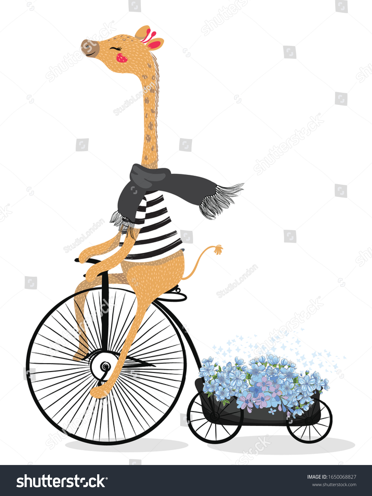 かわいいキリンと自転車 サーカスのイラスト Tシャツのグラフィック ビンテージバイクに乗った動物 子ども用の漫画のキャラクター プリント グリーティングカード 繊維工芸 のベクター画像素材 ロイヤリティフリー