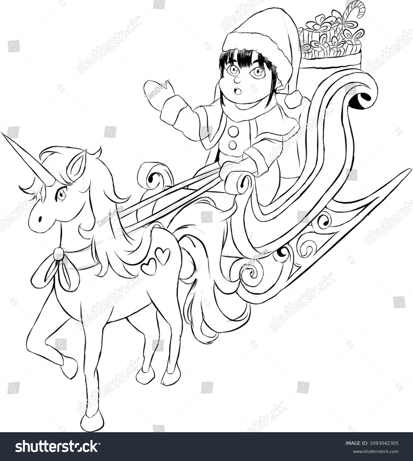 SVG of Cute Girl Becomes Santa Claus On Christmas While Riding Santa's Train Unicorn Little Pony , Black and white line vector Cartoon illustration For Coloring book page svg