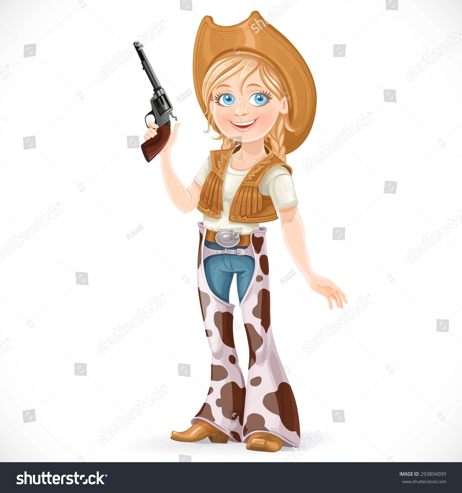 Cute Girl Dressed In A Cowboy Suit With A Gun Isolated On A White ...