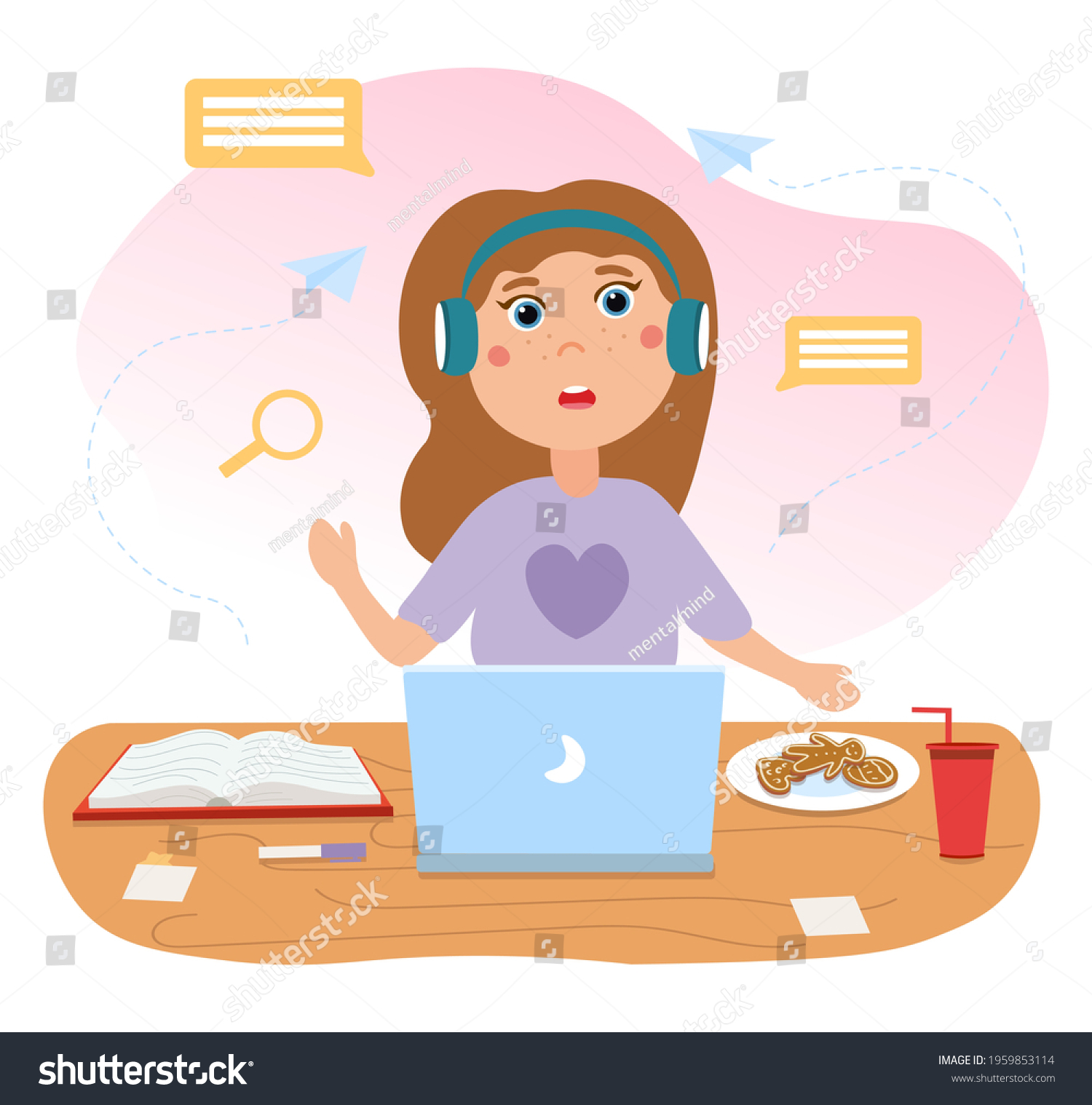 SVG of Cute girl is sitting in front of laptop in headphones with food and book on desk. Concept of advantages of remote online education for children during lockdown. Flat cartoon vector illustration svg