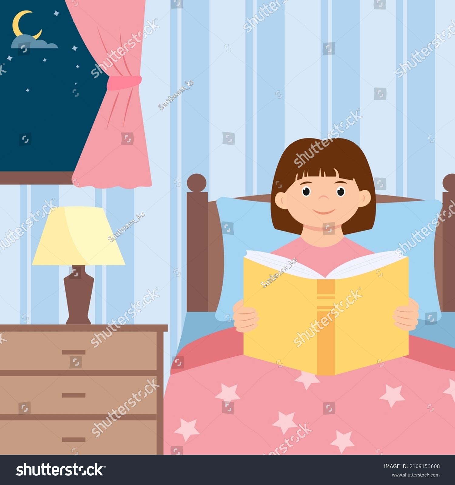 Cute Girl Sitting Bed Reading Bedtime Stock Vector (Royalty Free ...