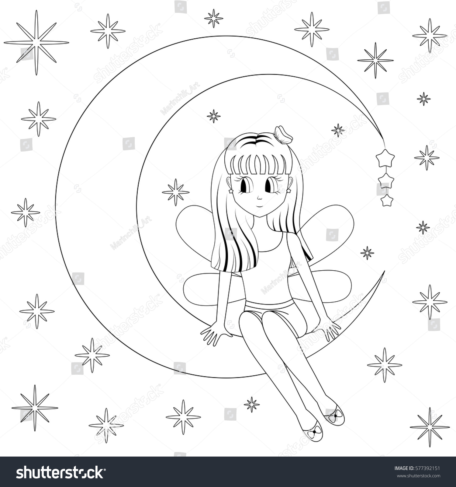 SVG of Cute girl sitting on the Moon on background night starry sky. Cartoon style. Vector illustration isolated on white for coloring book. EPS10. svg