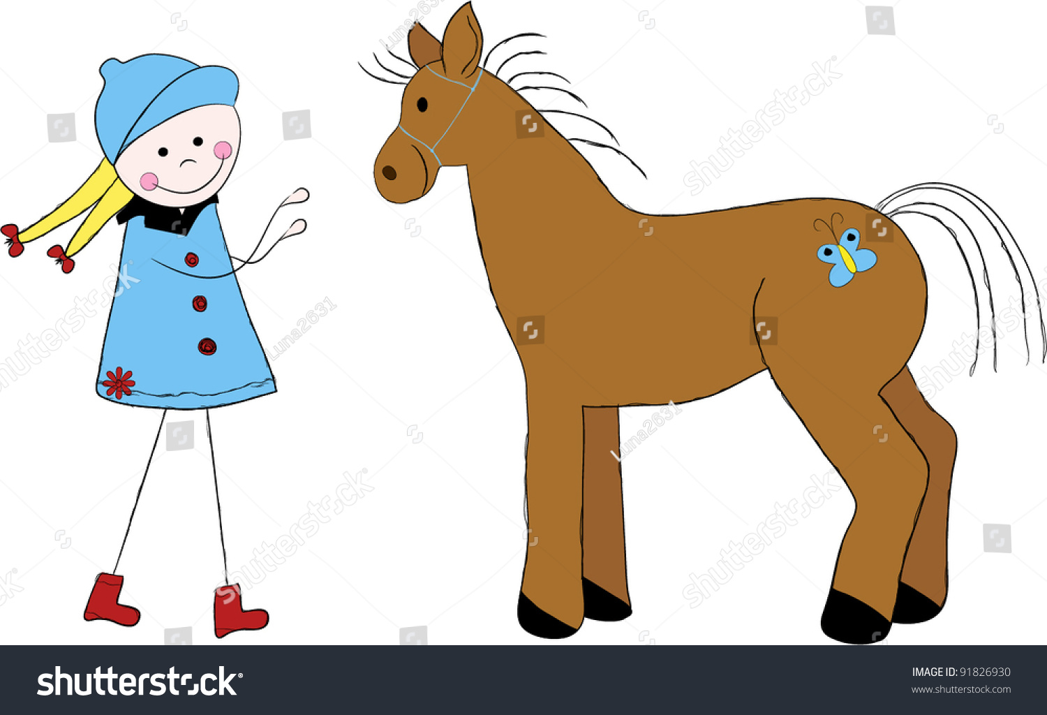 Cute Girl With Horse Stock Vector Illustration 91826930 : Shutterstock