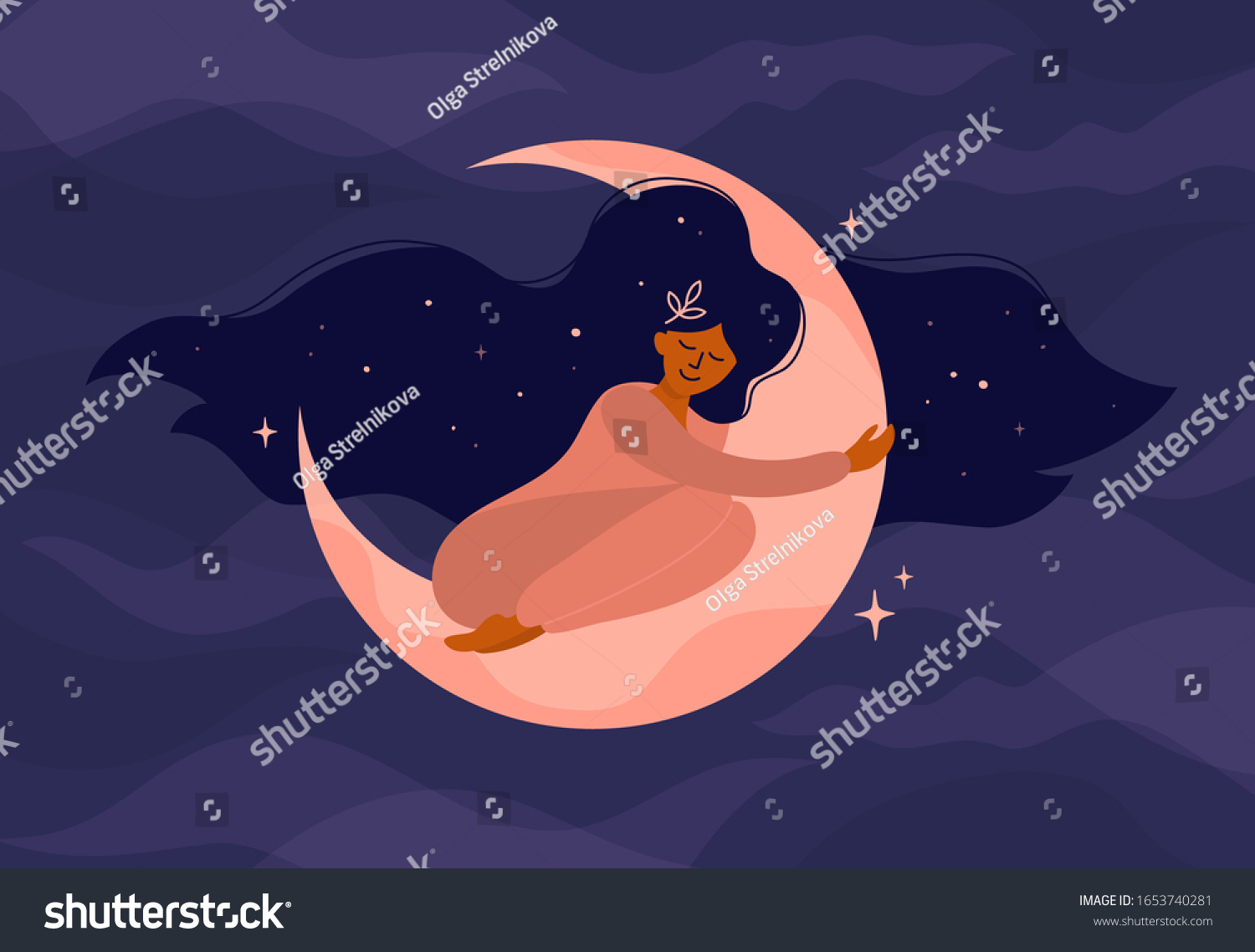 髪の長いかわいい女の子は月で眠る 夜空と星を持つロマンチックな夢 三日月を抱く女性のベクターイラスト 現代の魔女のコンセプト タロットカードの表紙 はがきのデザイン のベクター画像素材 ロイヤリティフリー