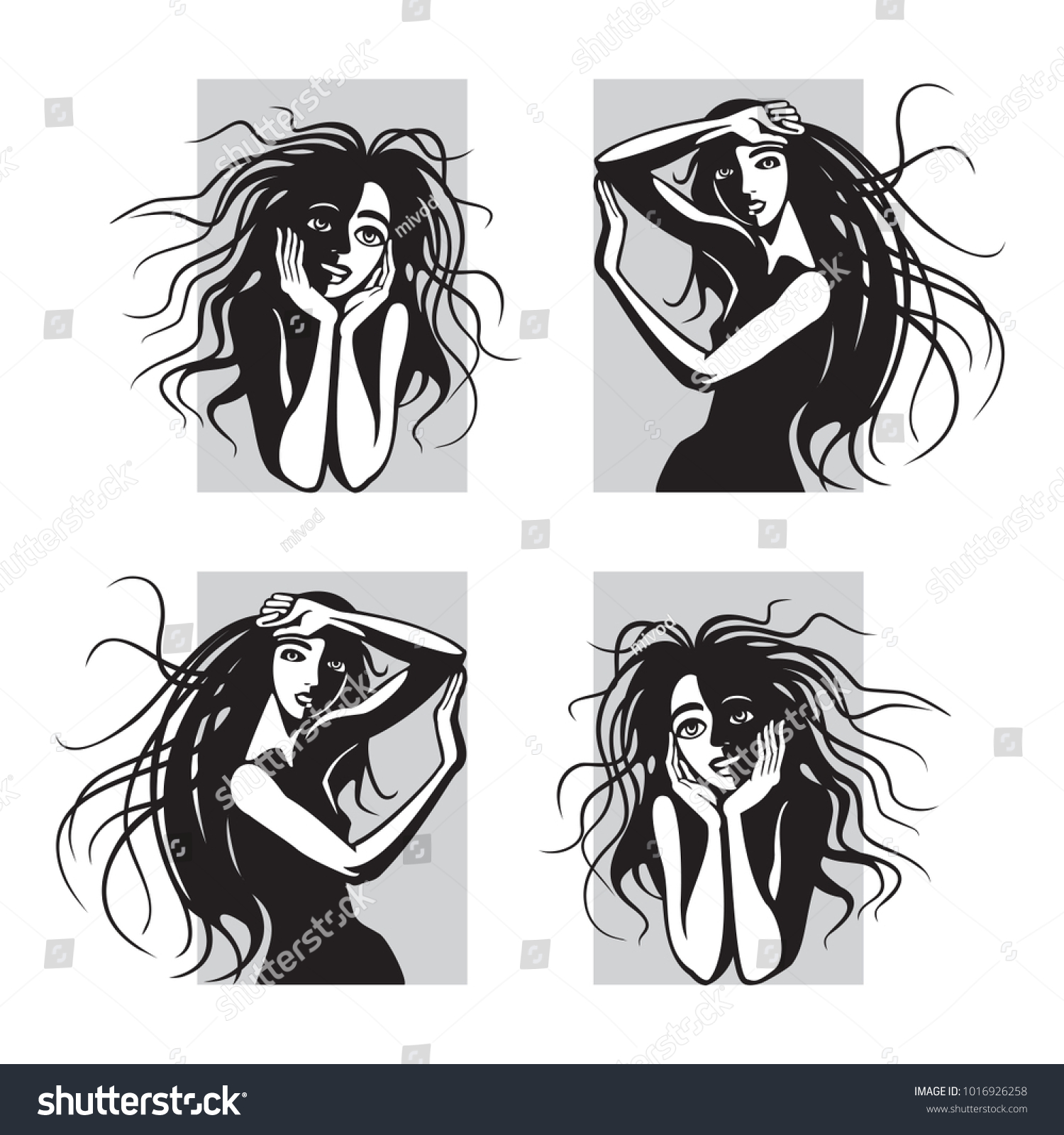 Cute Girls Black Long Hair Young Stock Vector Royalty Free