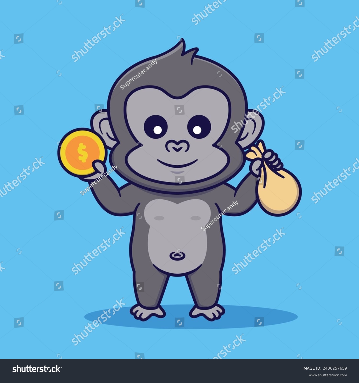 SVG of Cute Gorilla Holding Coin And Bag Vector Illustration svg